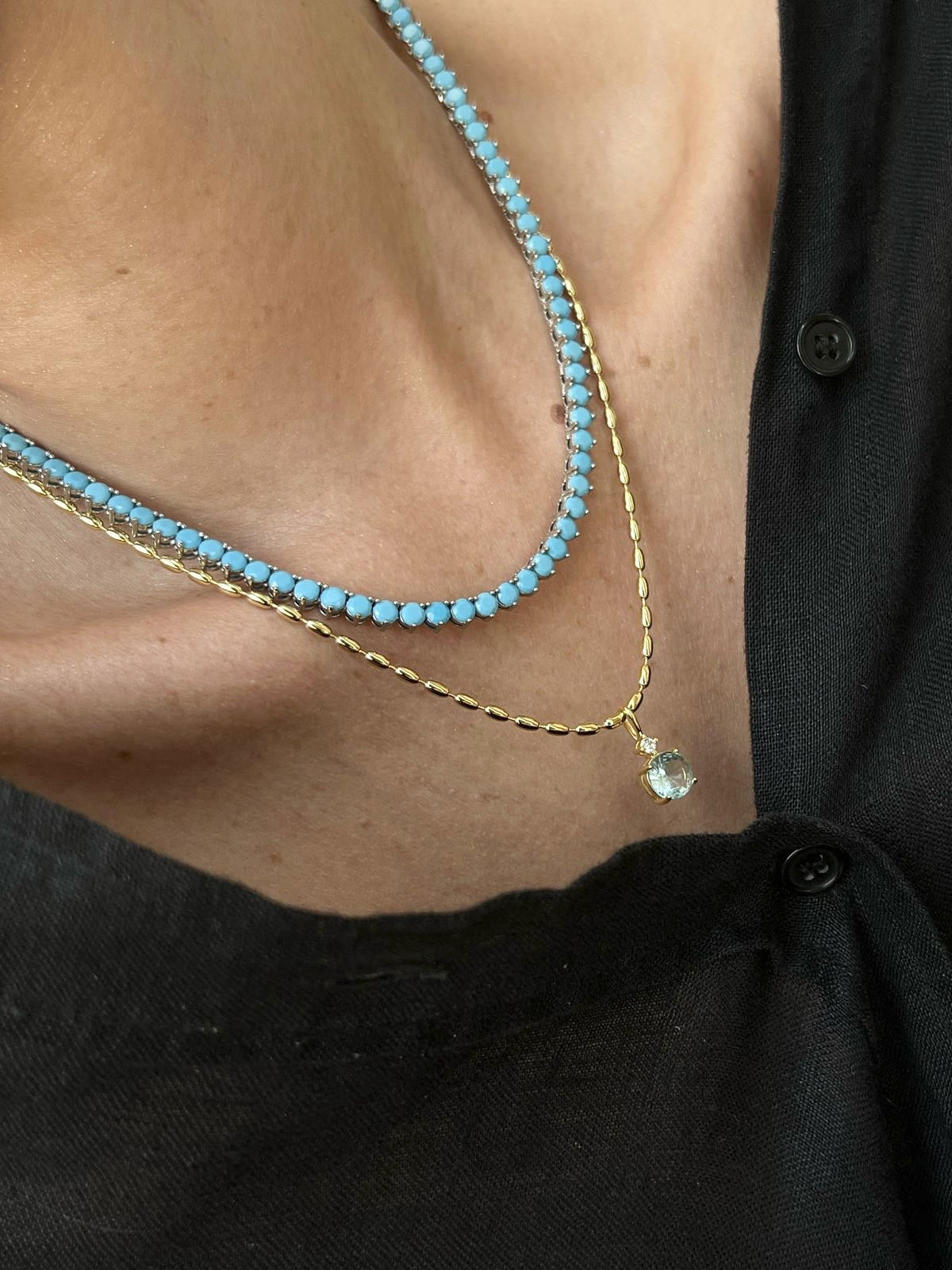 Colar Corrente Elo de Arroz com Ponto de Luz Água-marinha em Banho de Ouro