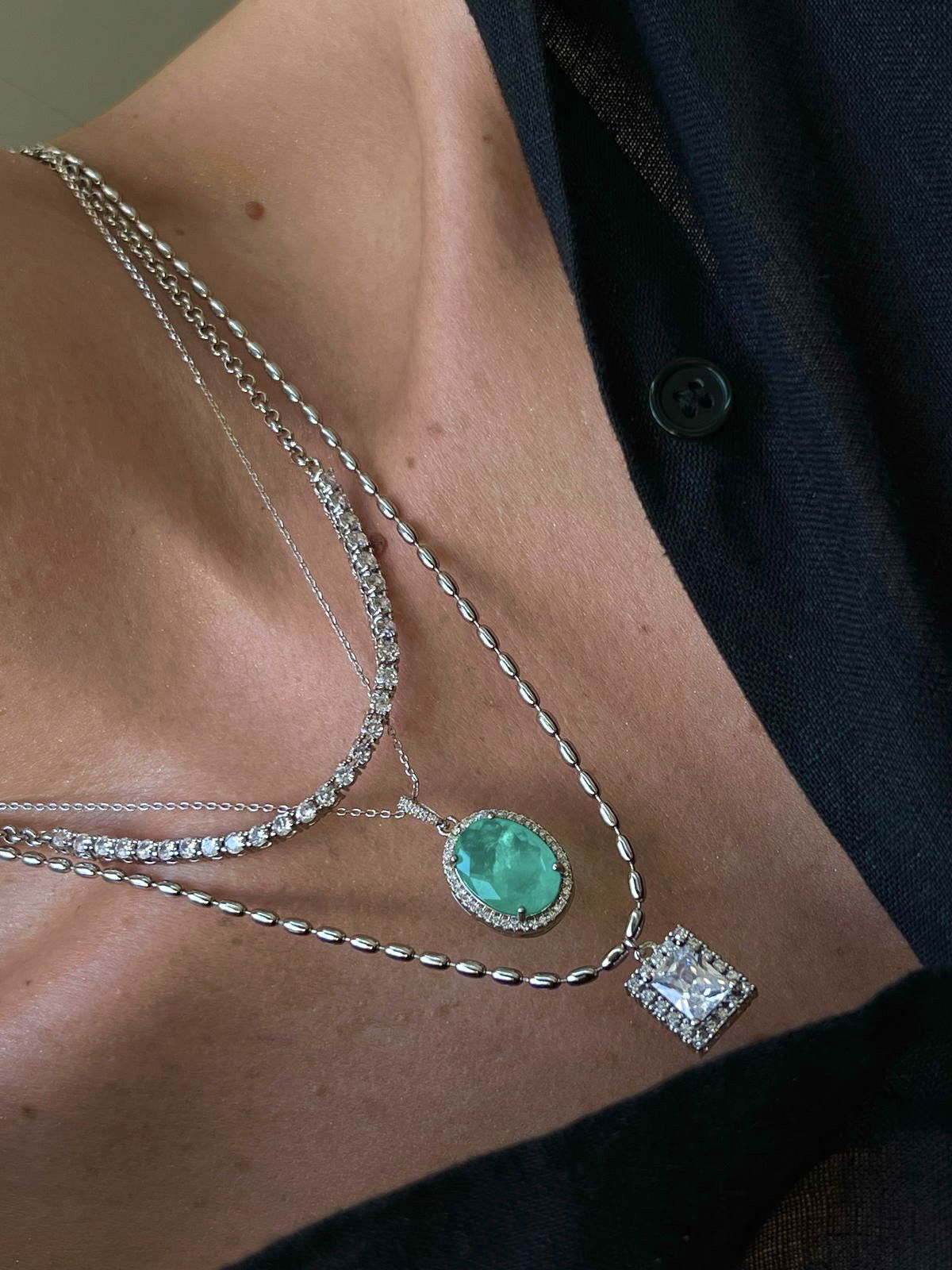 Colar Corrente Elo de Arroz com Retângulo (Quarto colar) em Banho de Ródio Branco