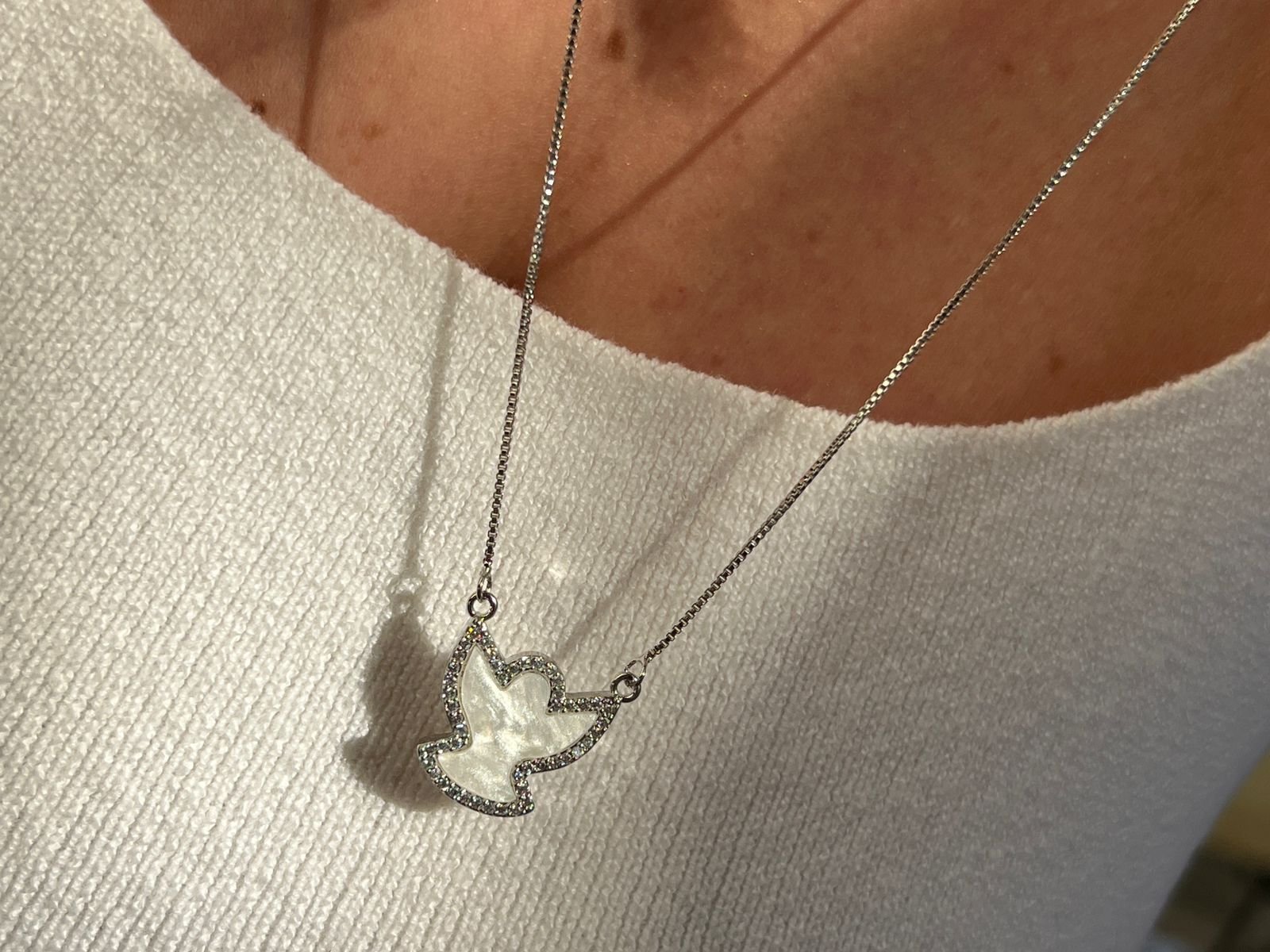 Colar Escapulário com Espírito Santo em Banho de Ródio Branco