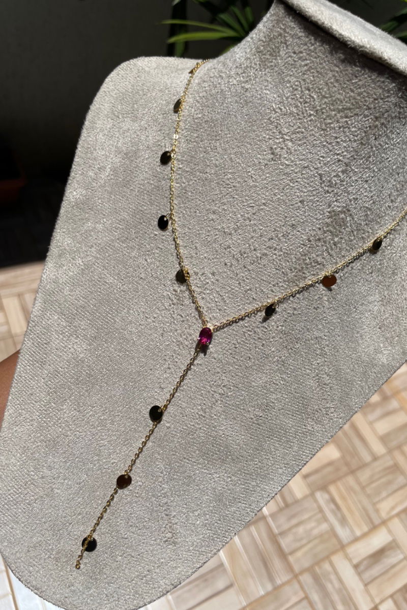 Colar Gravatinha com Zircônia Turmalina Rosa em Banho de Ouro