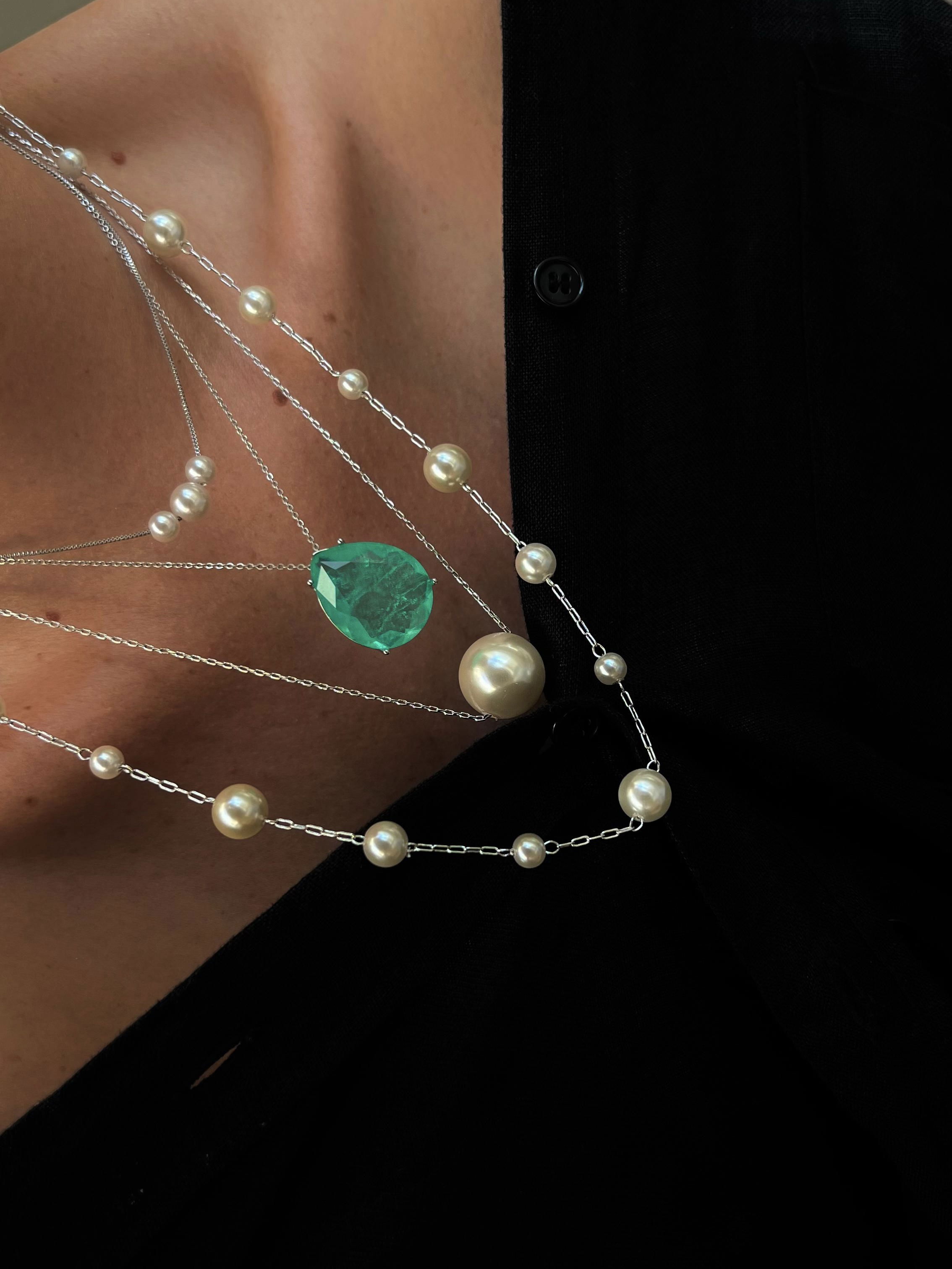 Colar Longo com Pérola Solitária 12mm em Banho de Ródio Branco