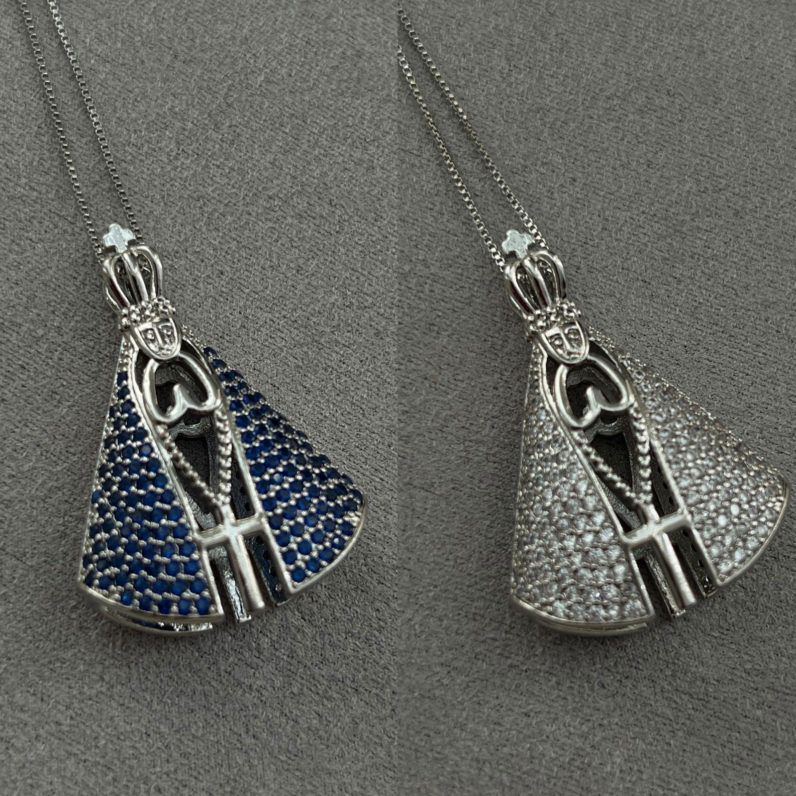 Colar Nossa Senhora Aparecida Frente Azul Verso Cristal em Banho de Ródio Branco