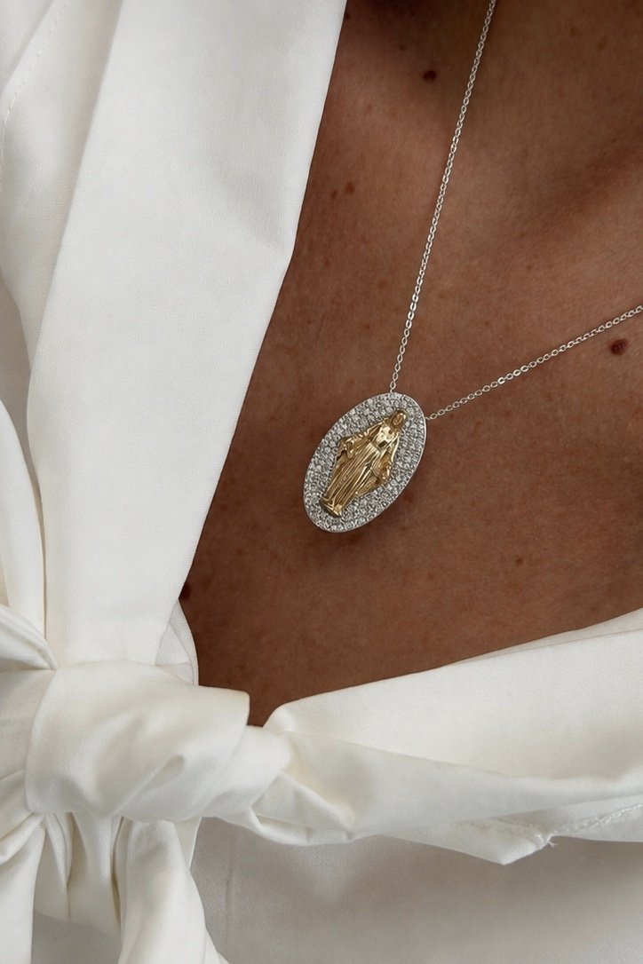 Colar Nossa Senhora das Graças com Zircônia Cristal Duo de Banho de Ródio Branco +Ouro