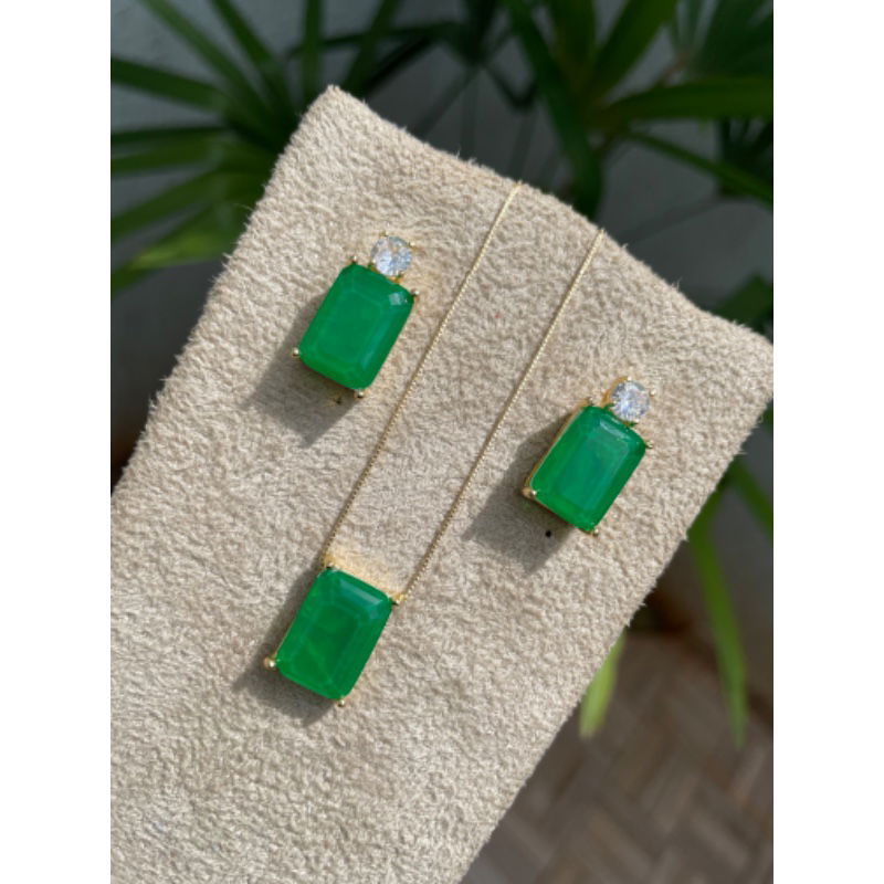 Colar Retângulo Fusion Verde Esmeralda em Banho de