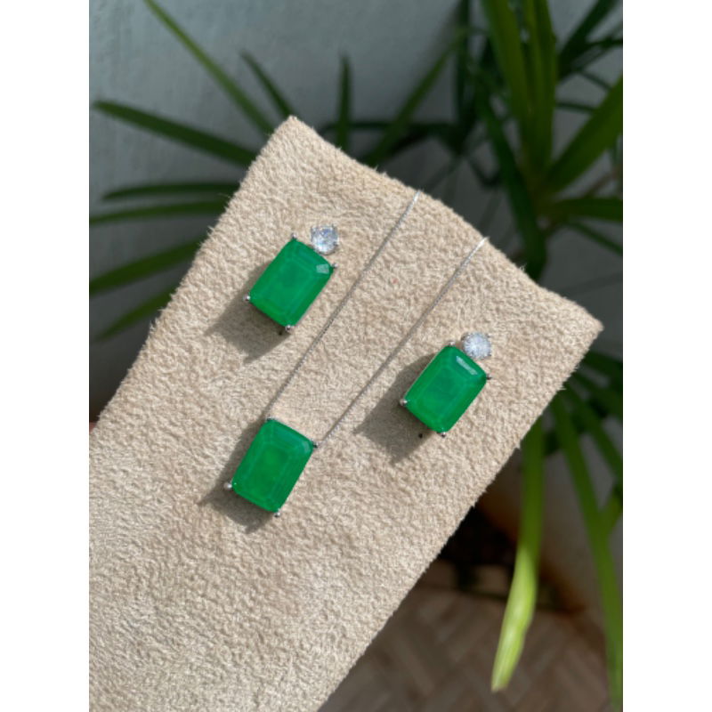 Colar Retângulo Fusion Verde Esmeralda em Ródio Branco