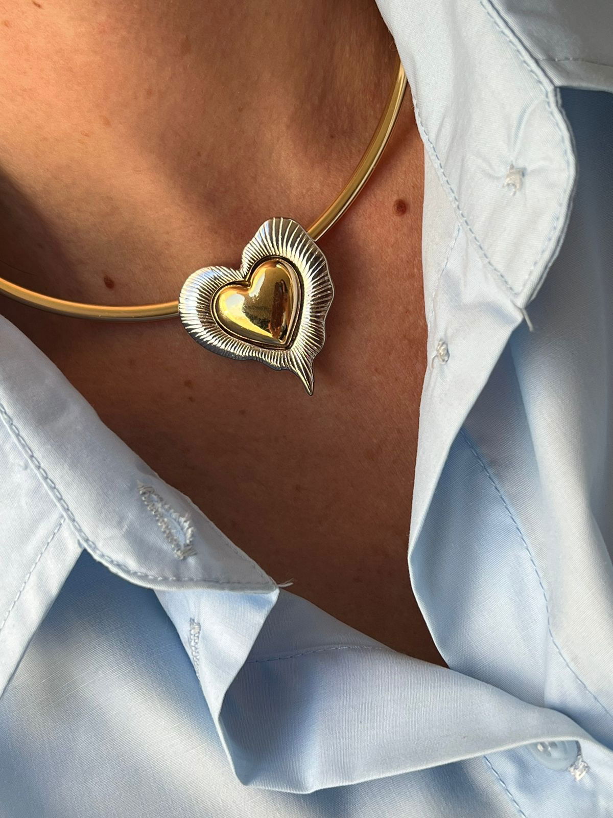 Conjunto Aro com Coração Duo de Banho Ouro e Ródio Branco