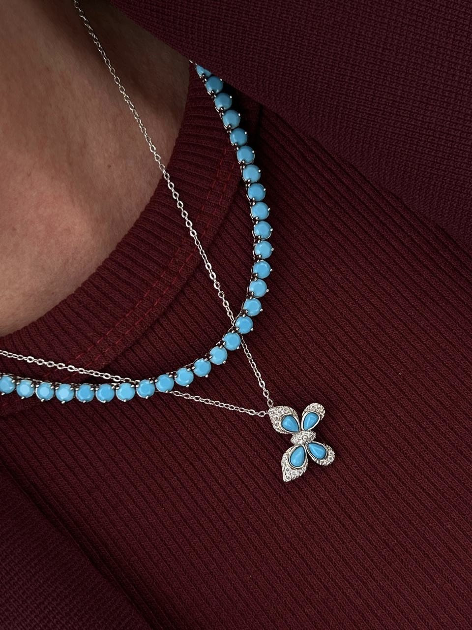 Conjunto Borboleta com Zircônia Cristal e Turquesa em Banho de Ródio Branco