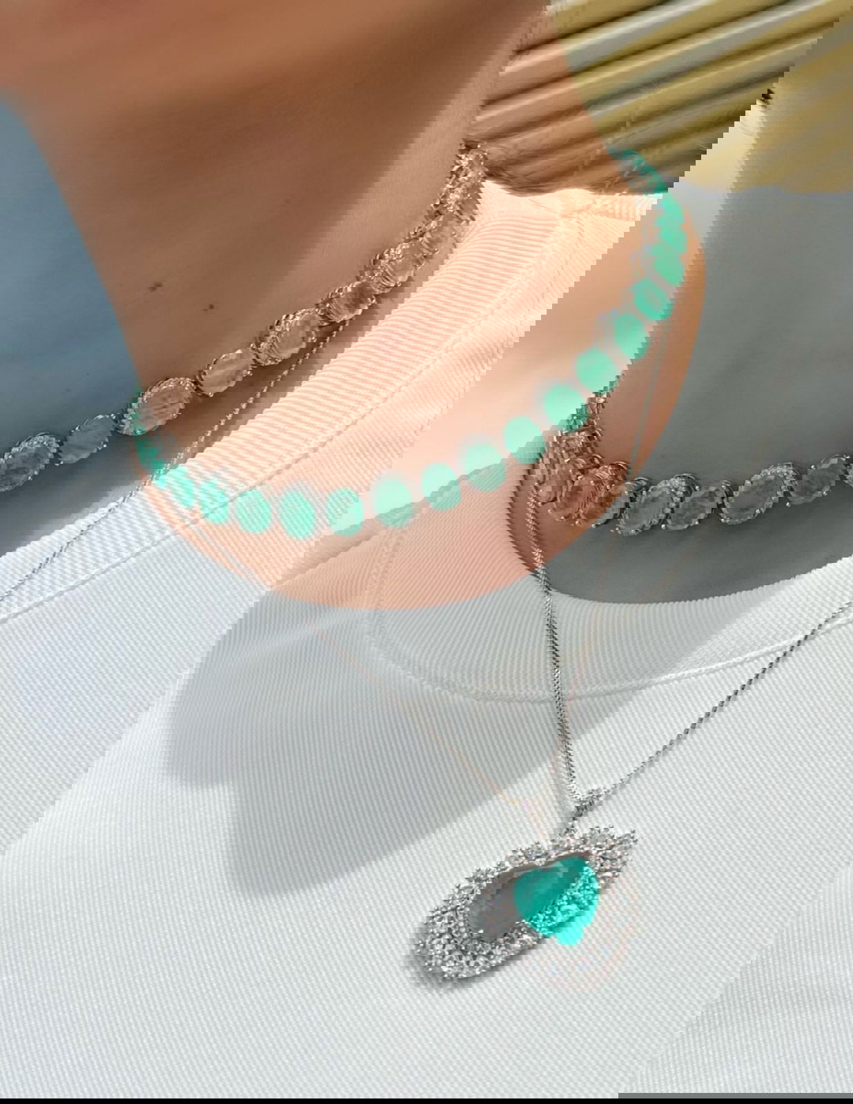 Conjunto Choker+Brinco Com Zircônia Cristal e Fusion Verde Claro em Banho de Ródio Branco