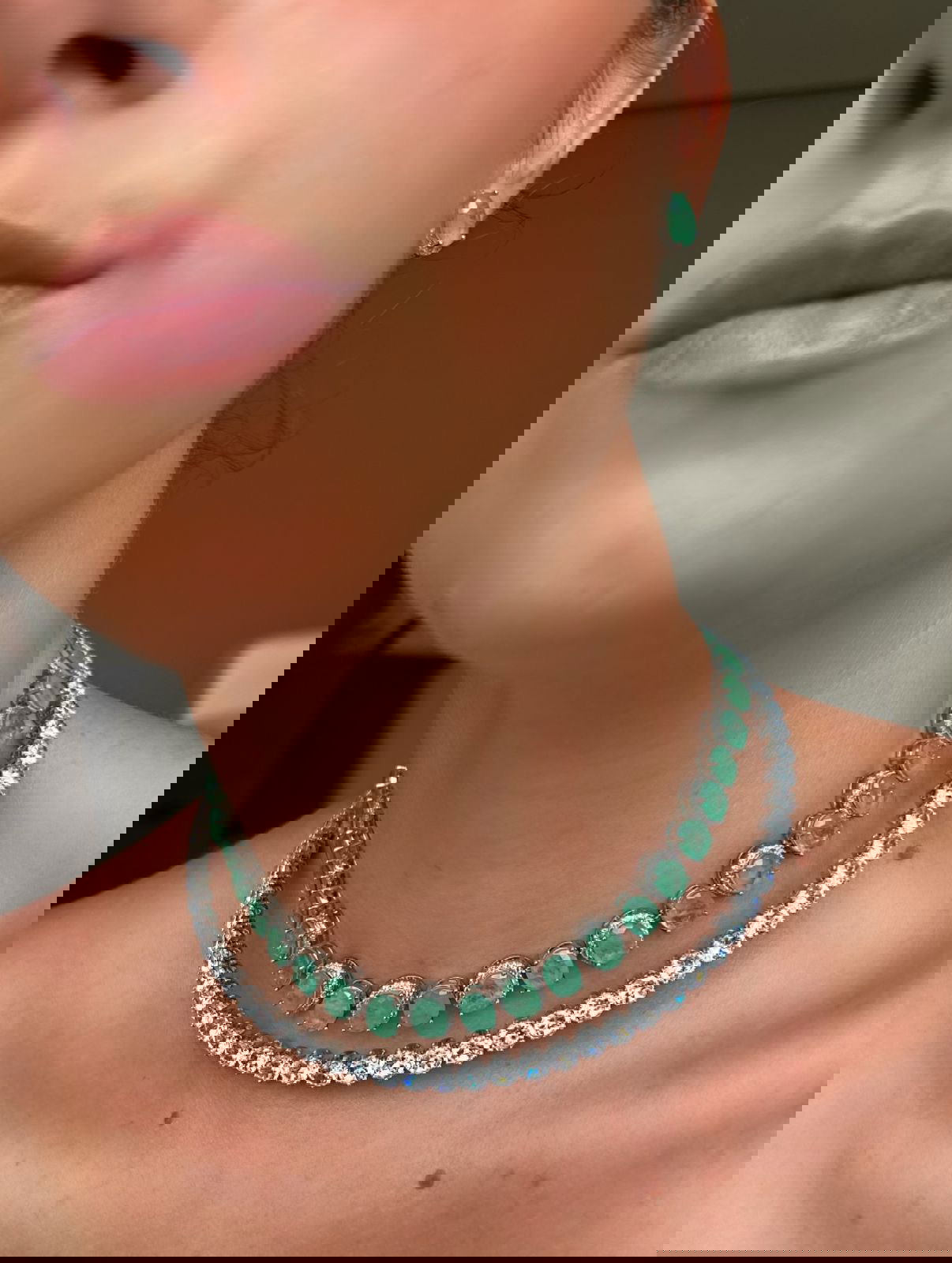 Conjunto Choker+Brinco Com Zircônia Cristal e Fusion Verde Claro em Banho de Ródio Branco