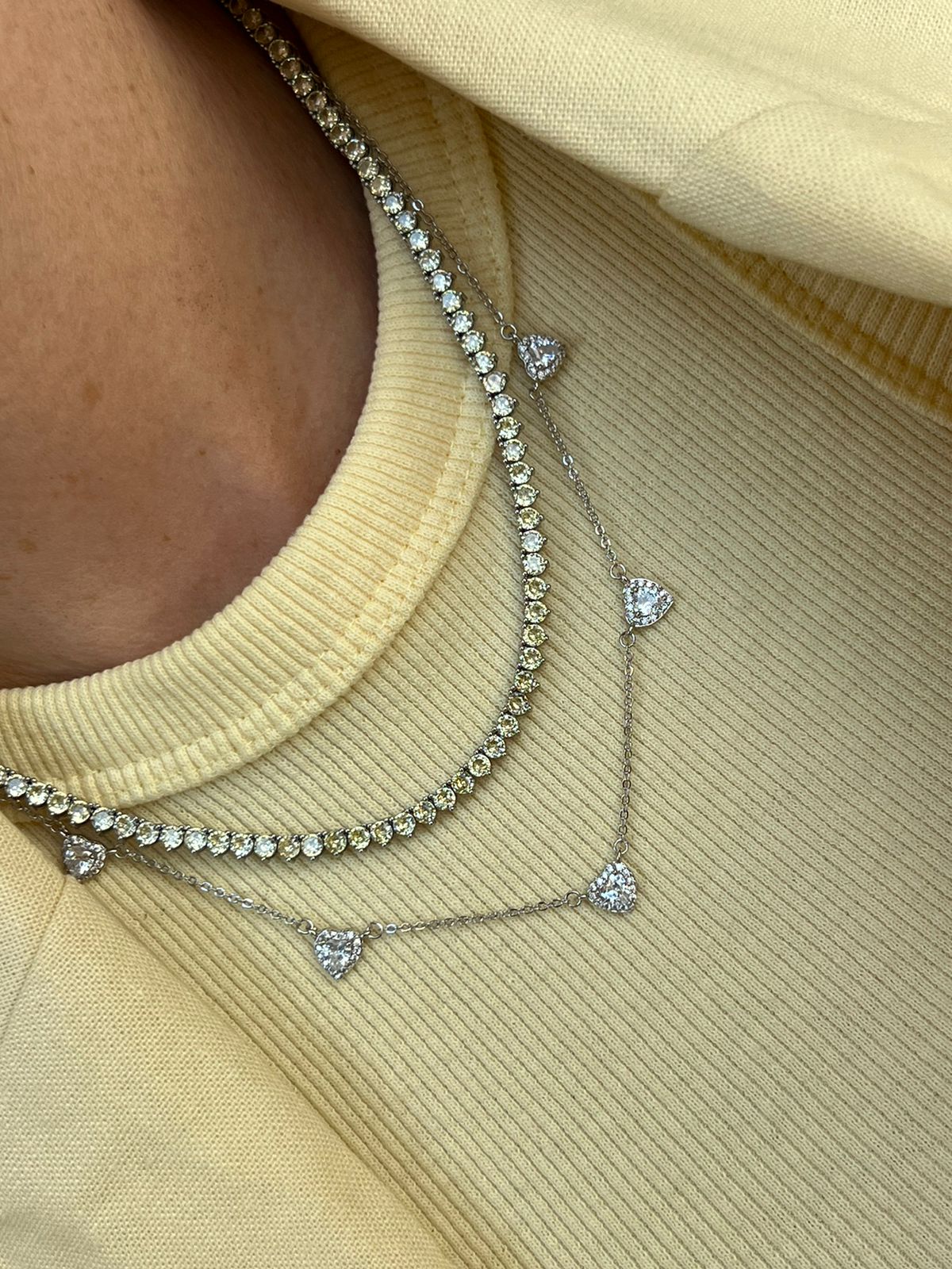 Conjunto com Mini Corações Cristal em Banho de Ródio Branco