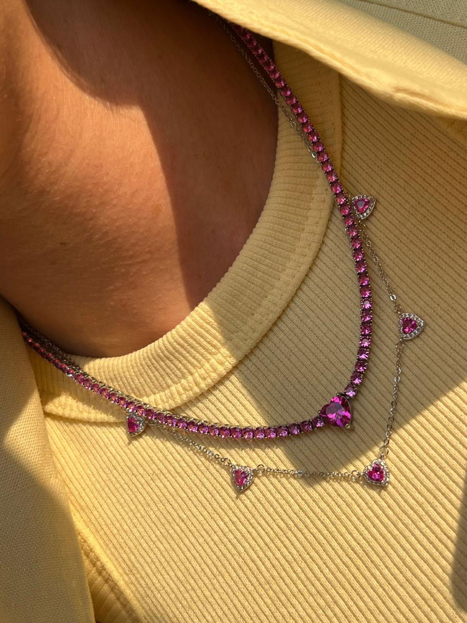 Conjunto com Mini Corações Pink e Cristal em Banho de Ródio Branco