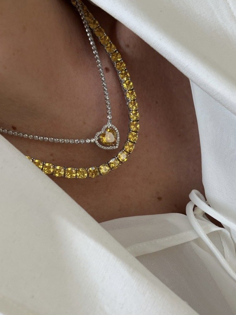 Conjunto Coração com Zircônia Cristal e Citrino em Banho de Ródio Branco