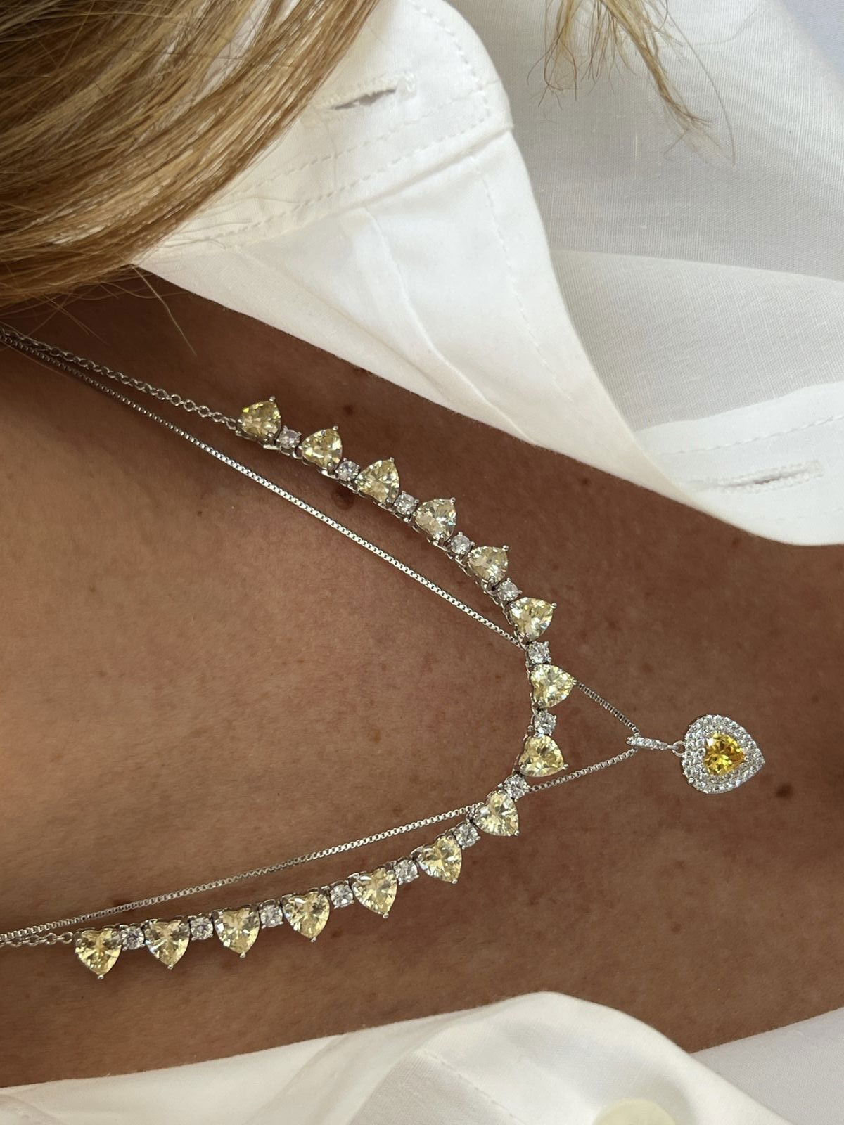 Conjunto Coração com Zircônia Cristal e Citrino em Banho de Ródio Branco