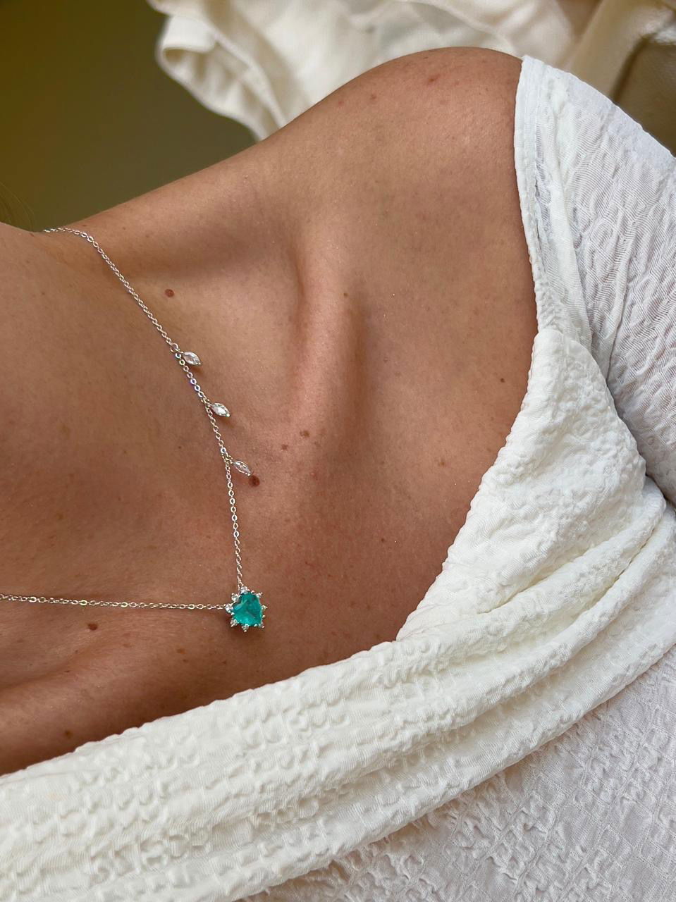 Conjunto Coração com Zircônia Cristal e Turmalina Fusion em Banho de Ródio Branco