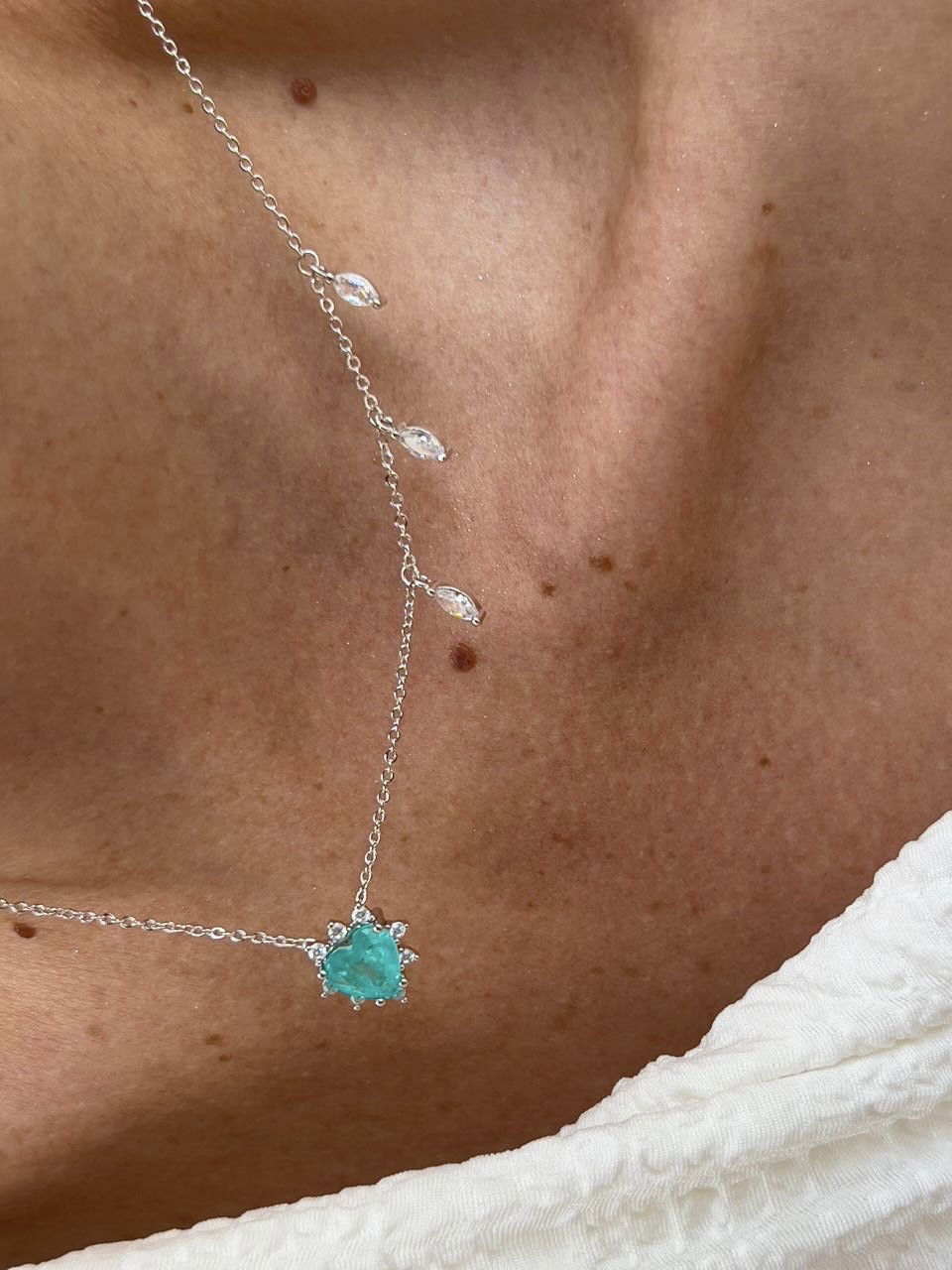 Conjunto Coração com Zircônia Cristal e Turmalina Fusion em Banho de Ródio Branco