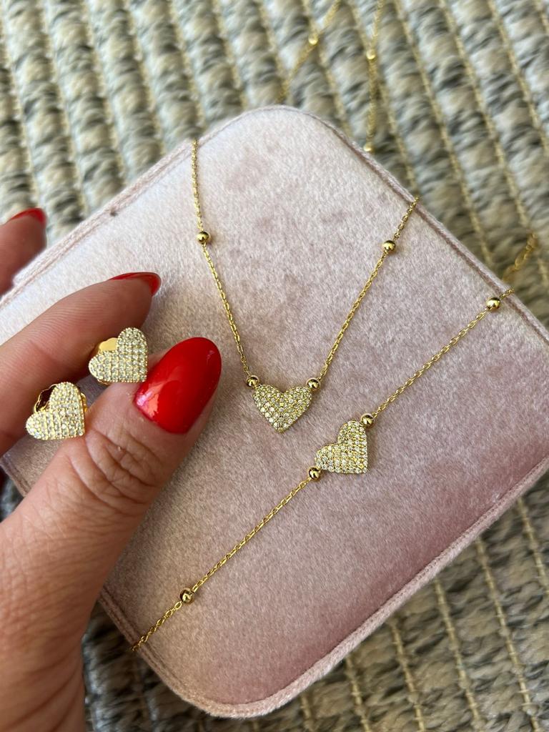 Conjunto Coração com Zircônia Cristal em Banho de Ouro