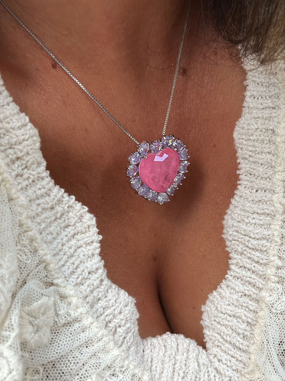 Conjunto Coração com Zircônia Lilás e Fusion Light Pink em Banho de Ródio Branco