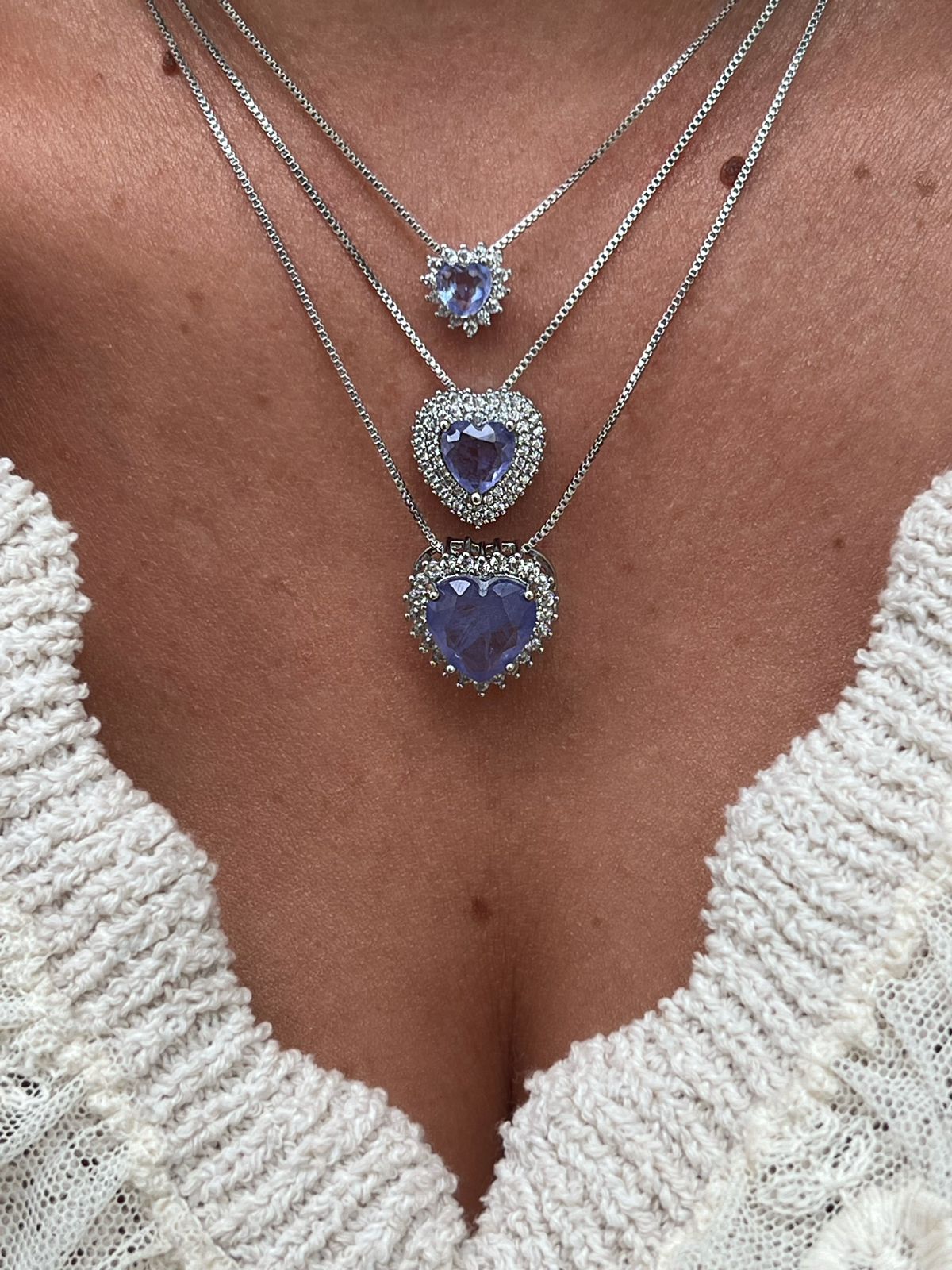 Conjunto Coração Fusion Lavanda com Zircônia Cristal Banho de Ródio Branco