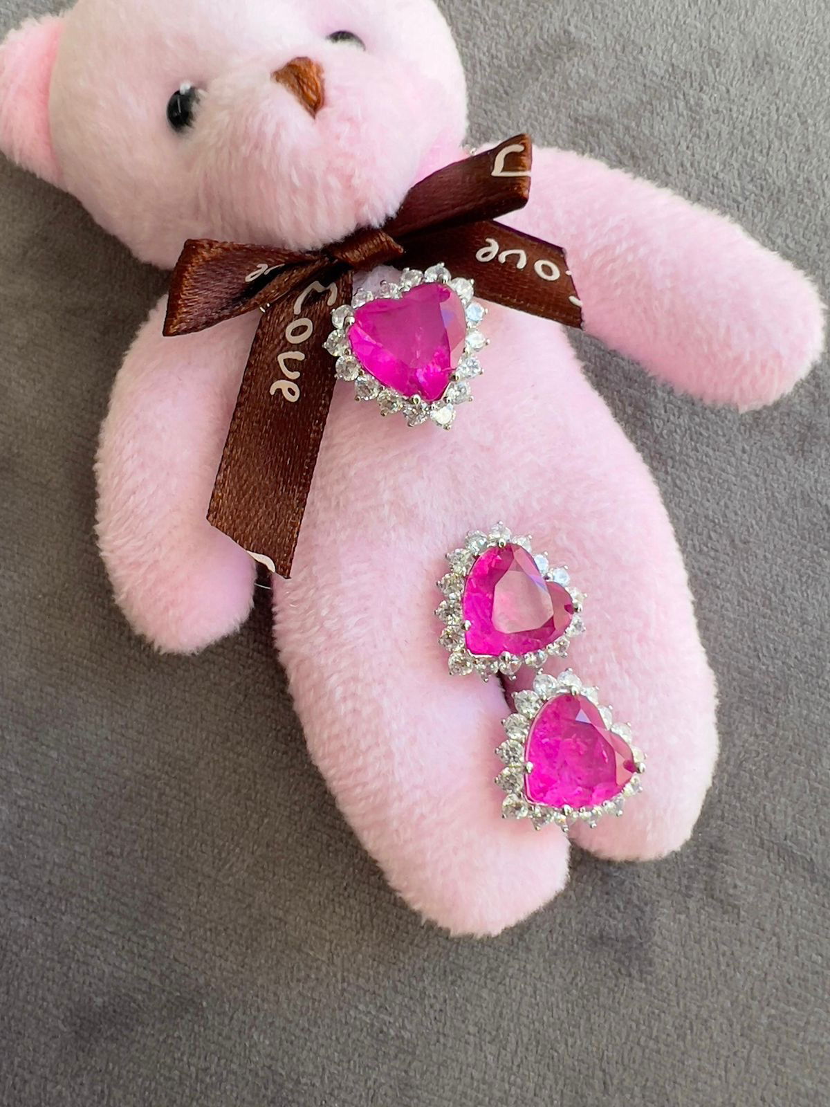 Conjunto Coração Fusion Turmalina Rosa em Banho de Ródio Branco