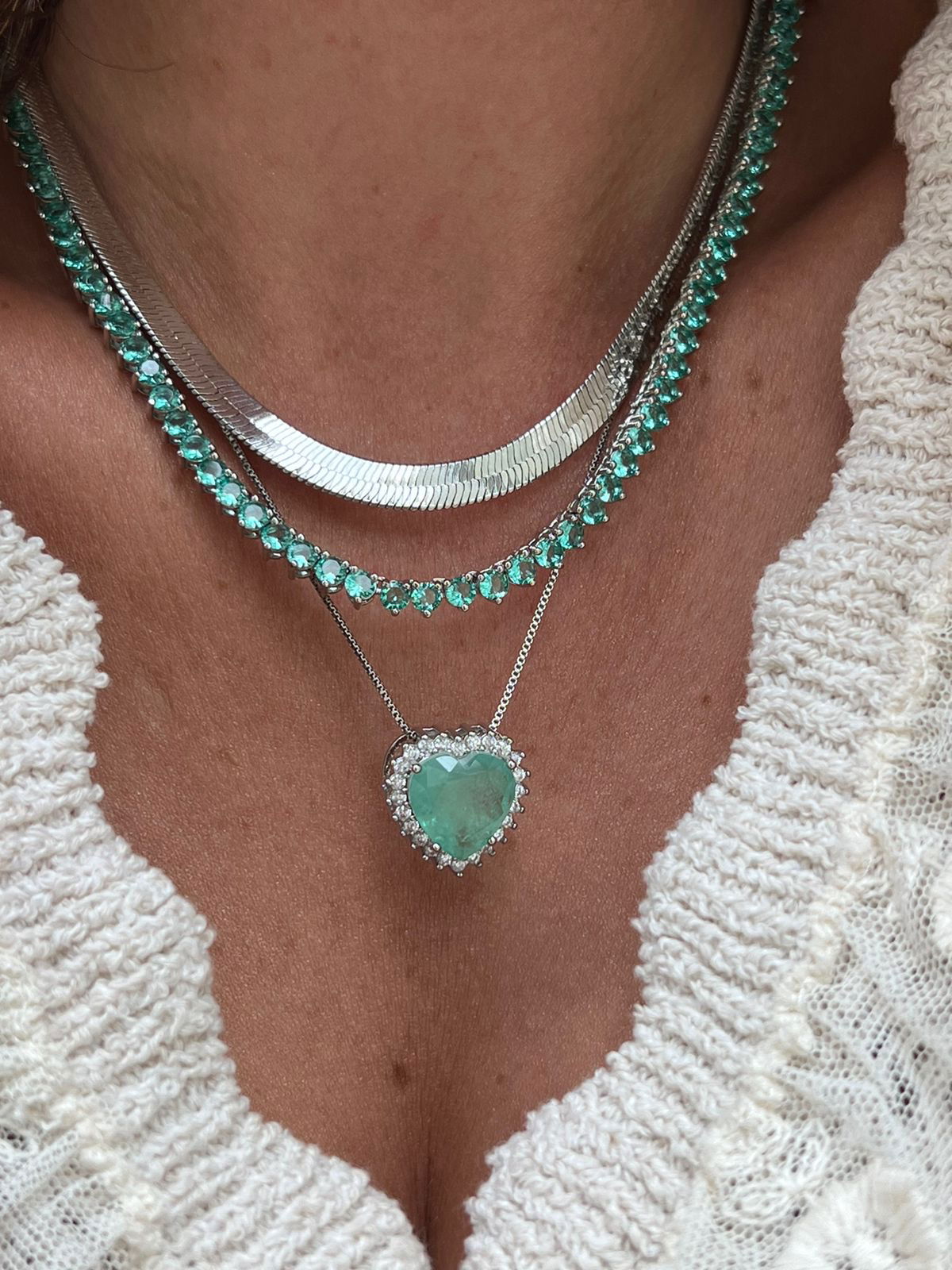 Conjunto Coração Fusion Verde Claro e Zircônia Cristal em Banho de Ródio Branco