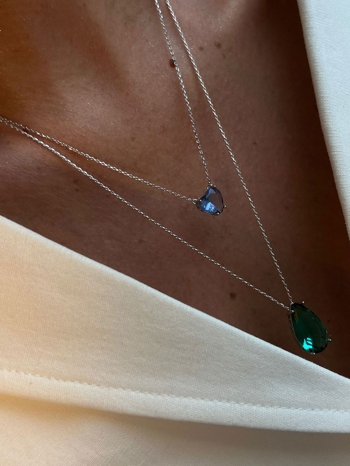 Conjunto Duplo com Zircônia Turmalina Topázio Azul em Banho de Ródio Branco