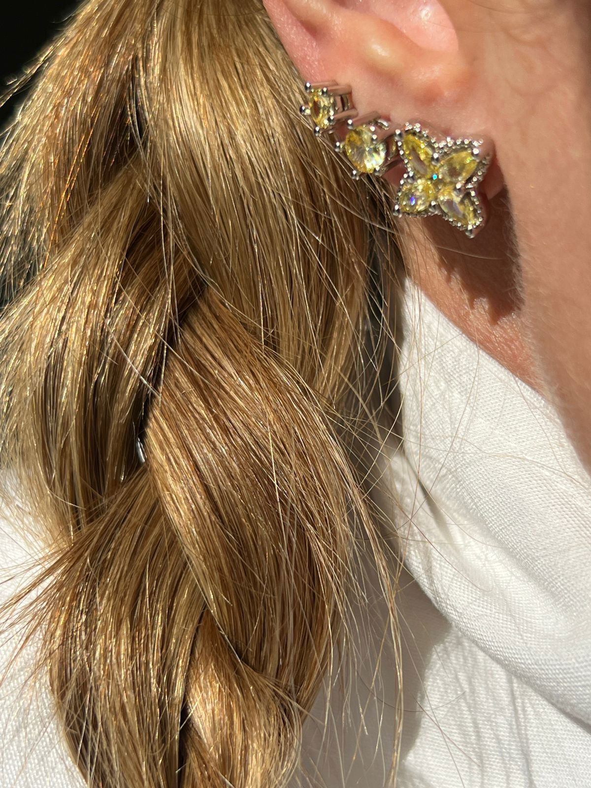 Conjunto Estrela 4 Pontas com Zircônia Cristal e Citrino em Banho de Ródio Branco