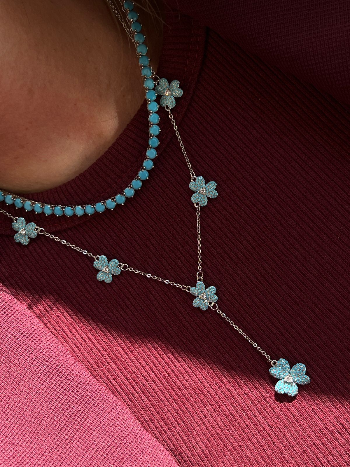 Conjunto Flores com Zircônia Cristal e Turquesa em Banho de Ródio Branco