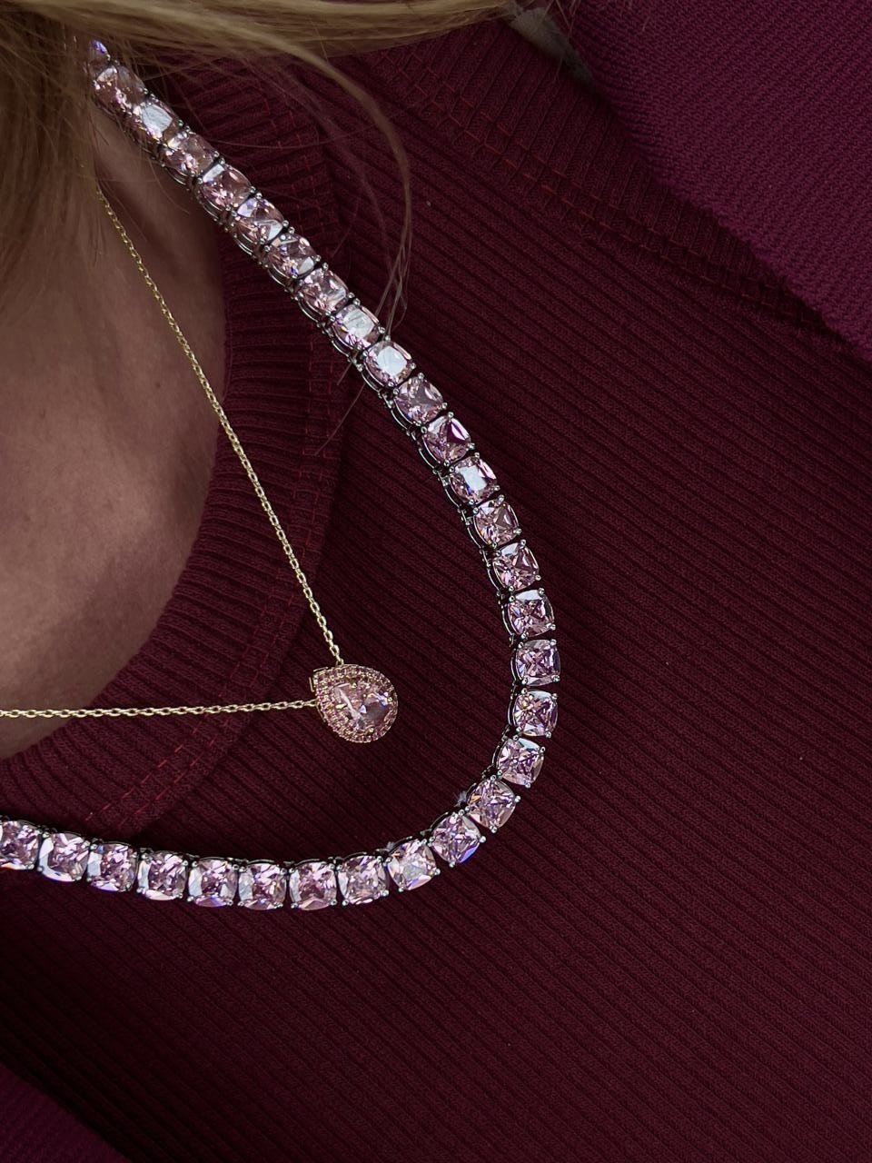 Conjunto Gota com Zircônia Rosa Claro em Banho de Ouro