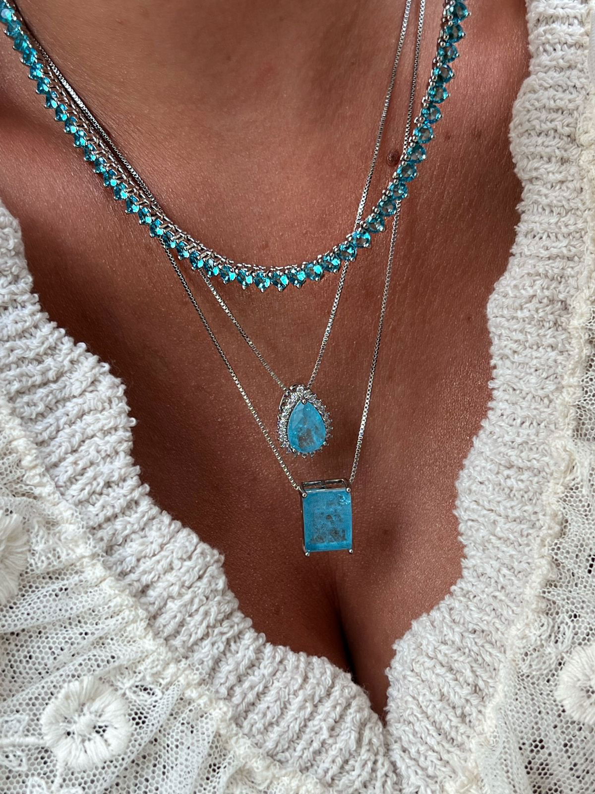 Conjunto Gota Fusion Azul Capri e Zircônia Cristal em Banho de Ródio Branco