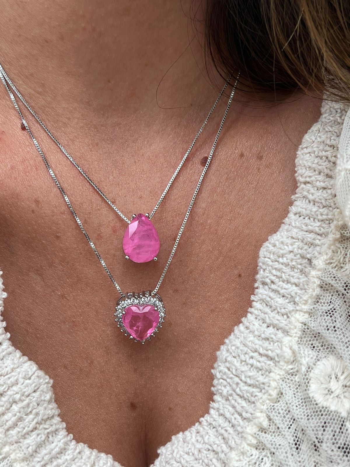 Conjunto Gota Fusion Light Pink e Zircônia Cristal em Banho de Ródio Branco