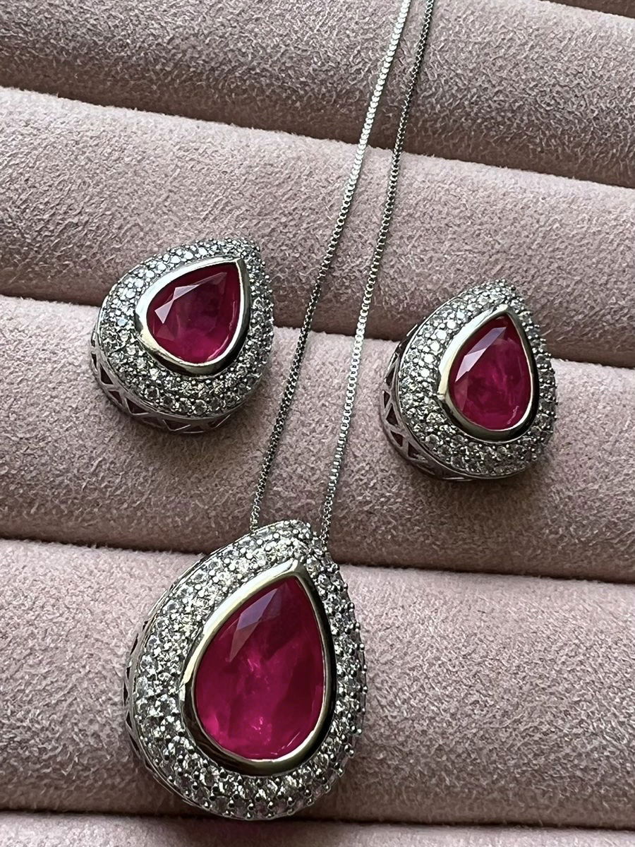 Conjunto Gota Fusion Pink e Zircônia Cristal em Banho de Ródio Branco