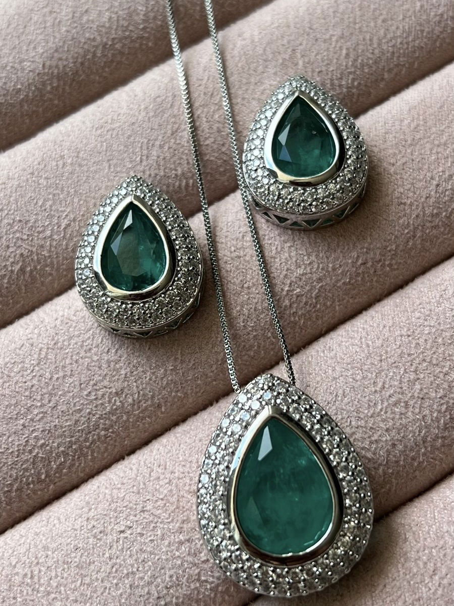Conjunto Gota Fusion Turmalina Verde e Zircônia Cristal em Banho de Ródio Branco