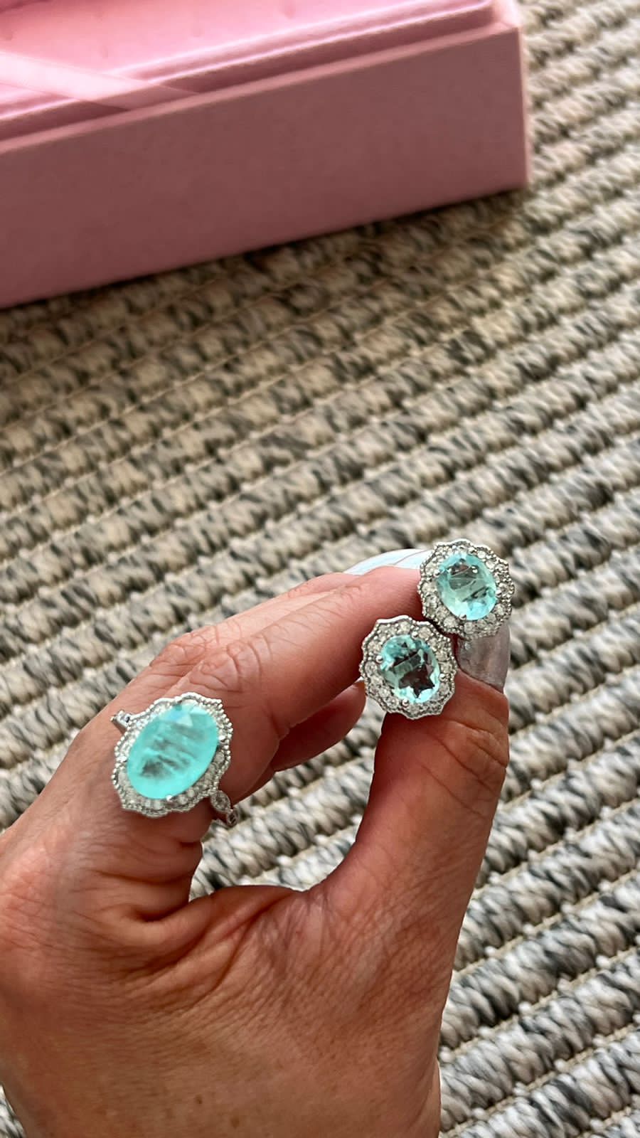 Conjunto Kate Anel e Brinco com Zircônia Cristal e Fusion Topázio Azul em Banho de Ródio Branco