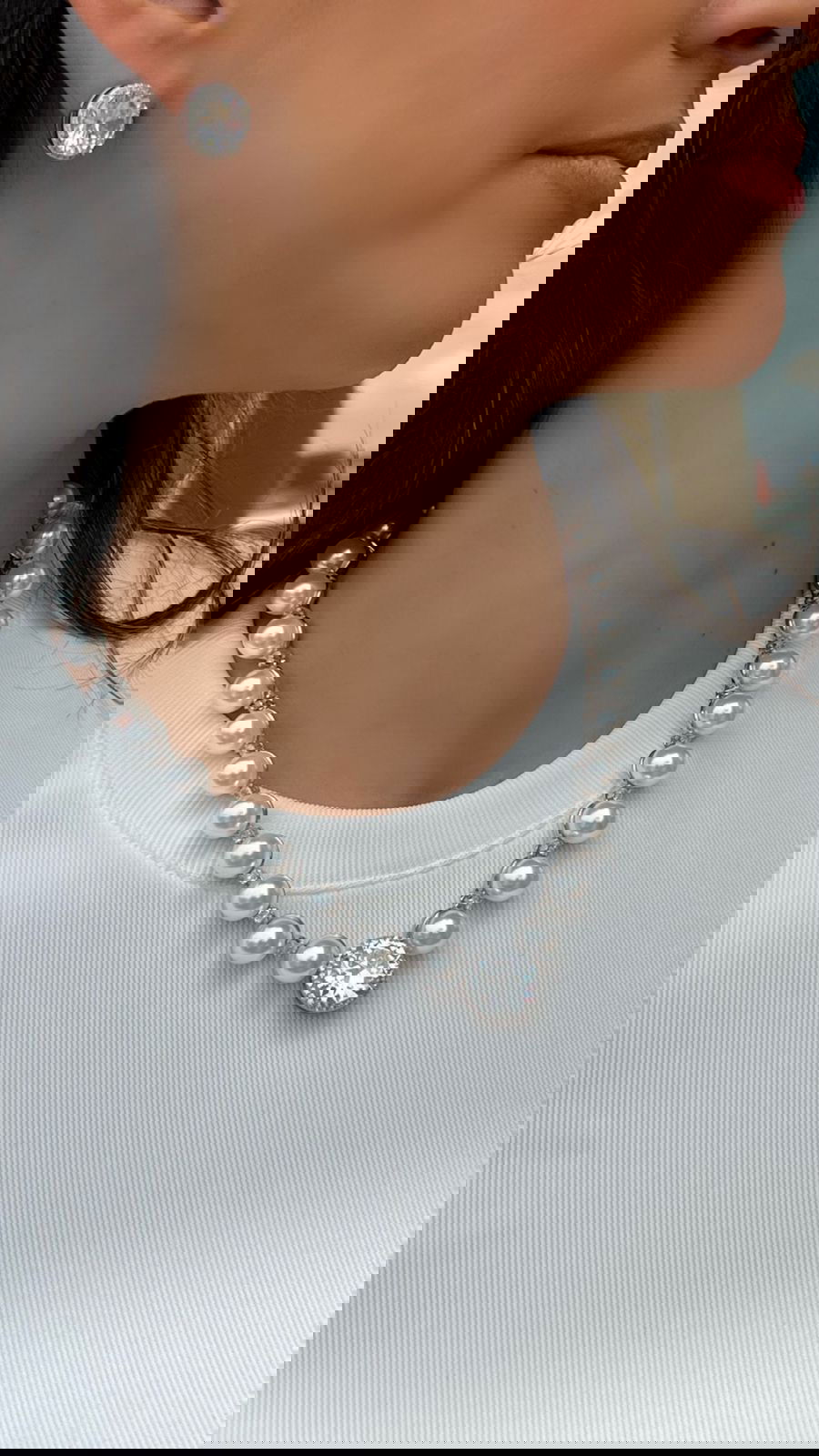 Conjunto Luxo Zircônia Cristal e Pérola Shell (Fecho Joia) em Banho de Ródio Branco