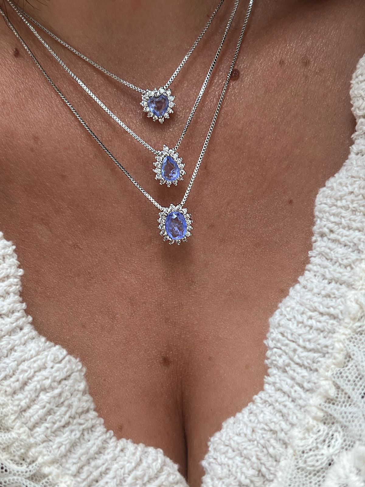 Conjunto Mini Coração Fusion Lavanda e Zircônia Cristal em Banho de Ródio Branco