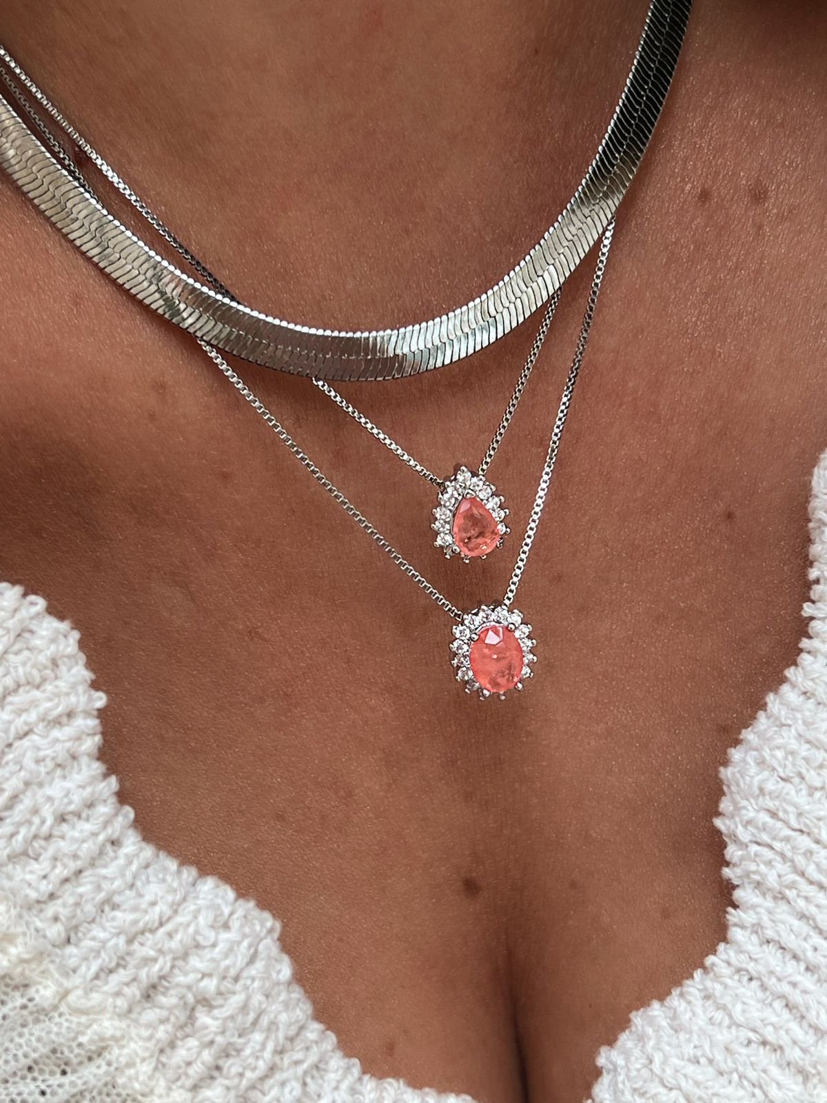 Conjunto Mini Gota Fusion Laranja e Zircônia Cristal em Banho de Ródio Branco