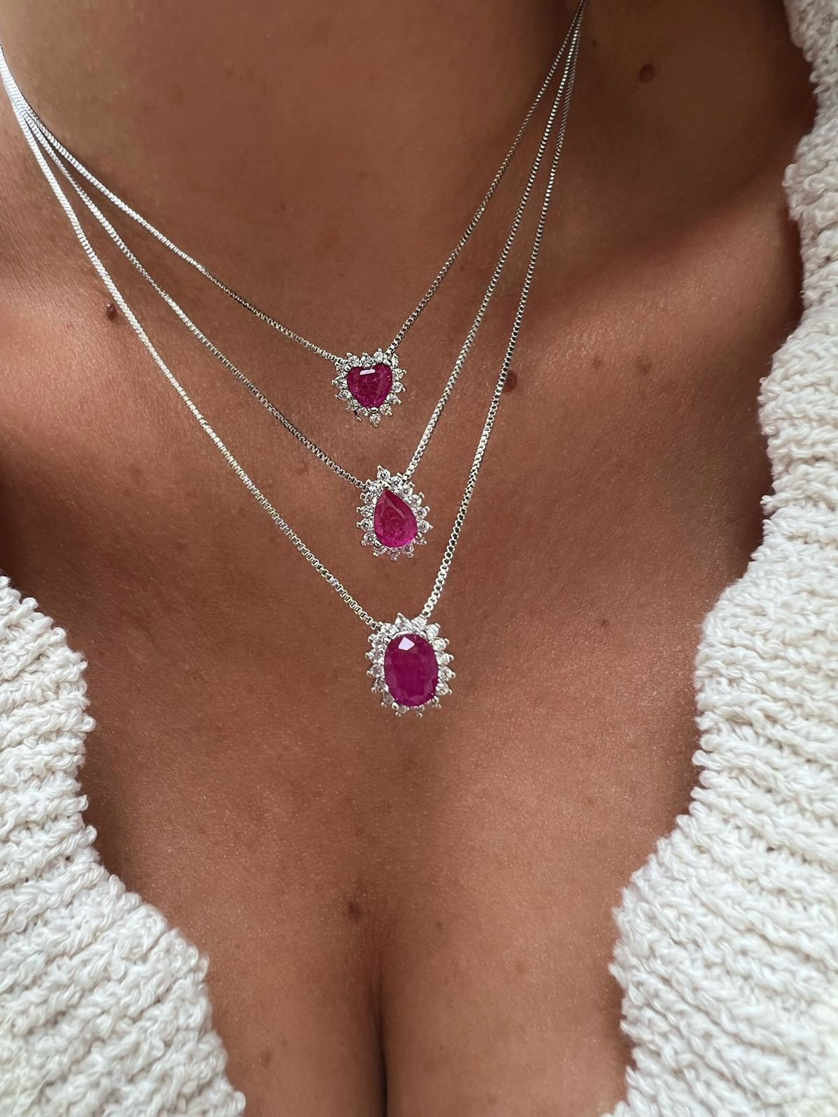 Conjunto Mini Gota Fusion Pink e Zircônia Cristal em Banho de Ródio Branco