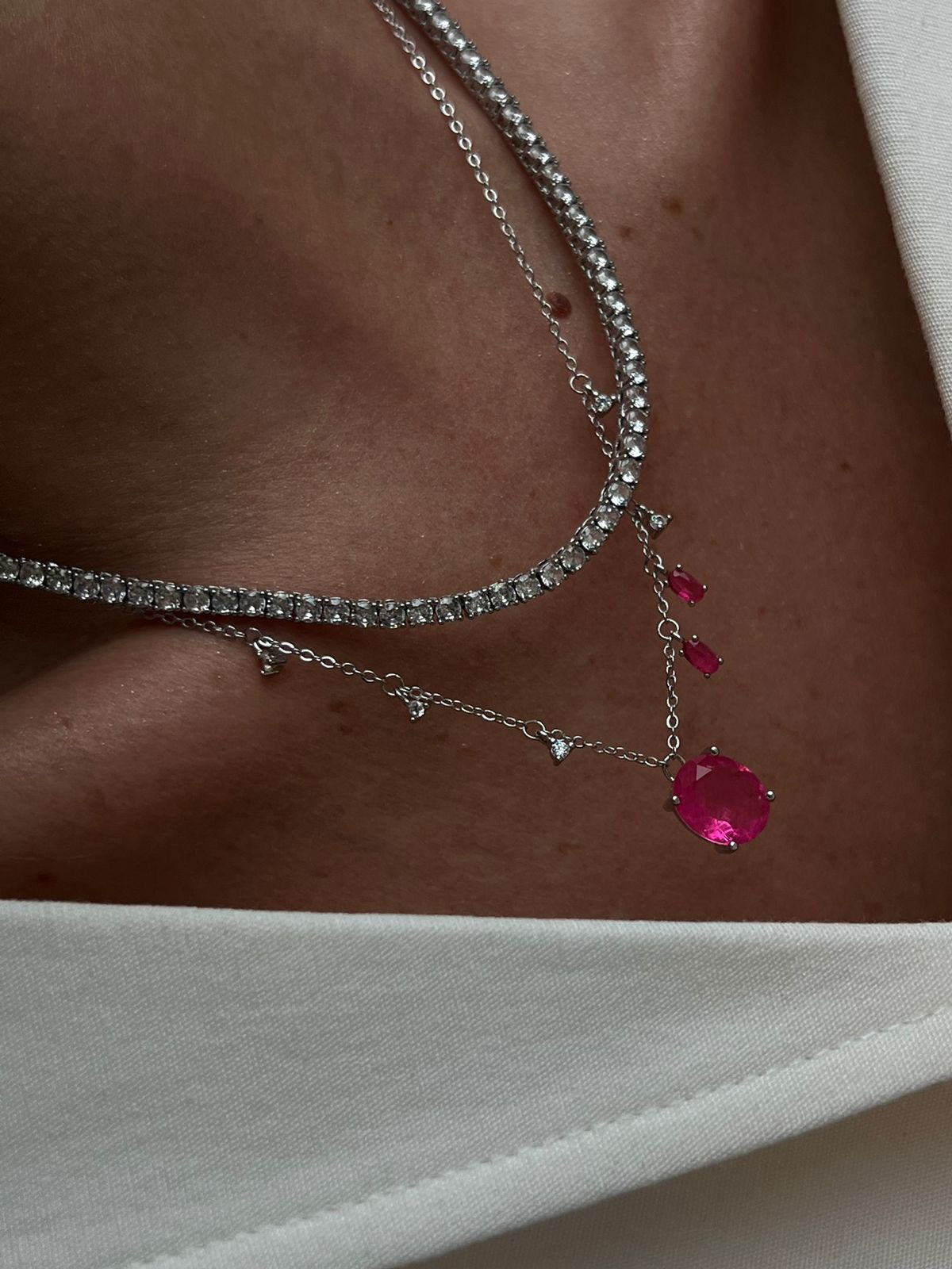 Conjunto Oval com Zircônia Cristal e Fusion Turmalina Rosa em Ródio Branco