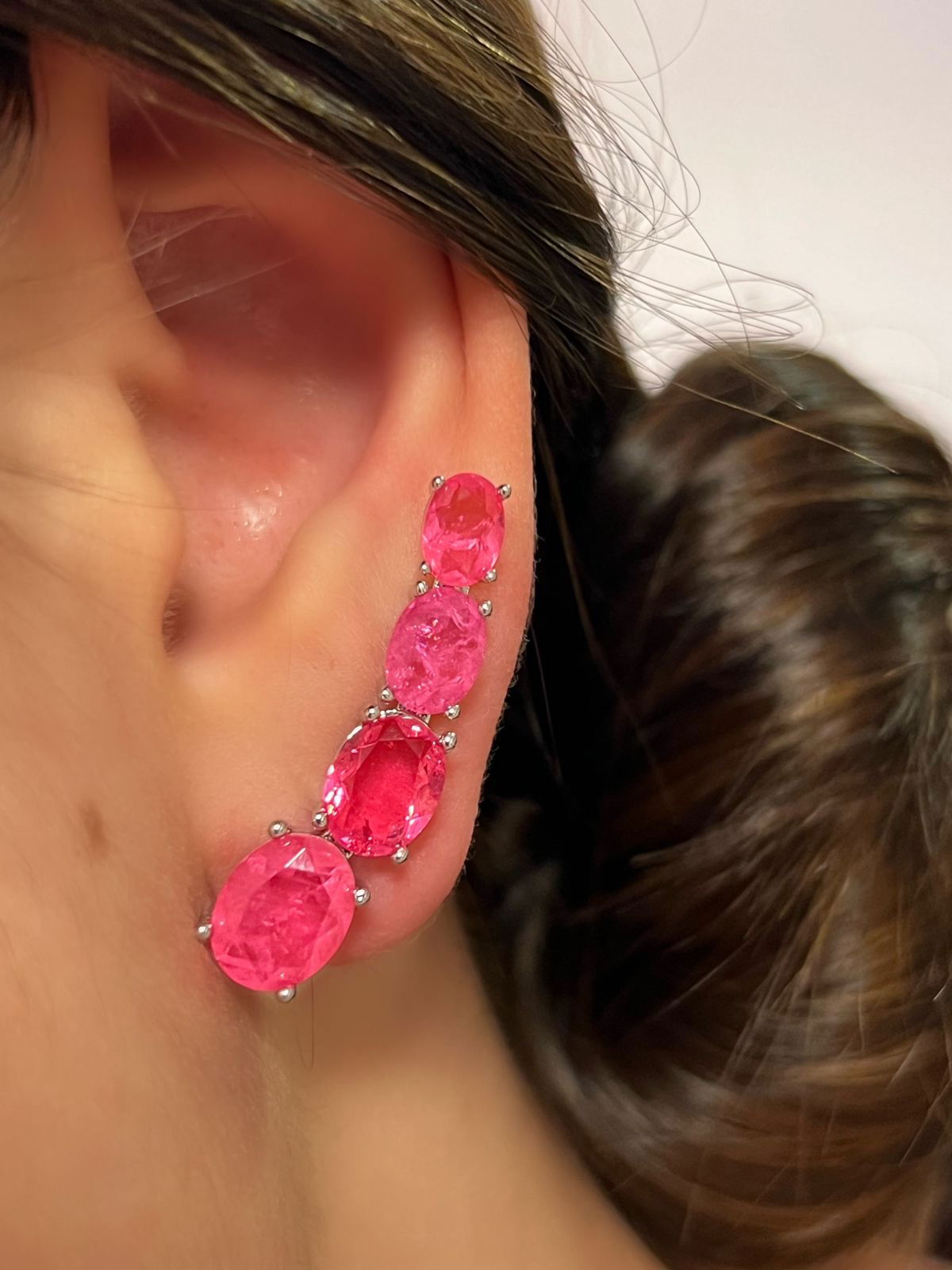 Conjunto Oval com Zircônia Cristal e Fusion Turmalina Rosa em Ródio Branco