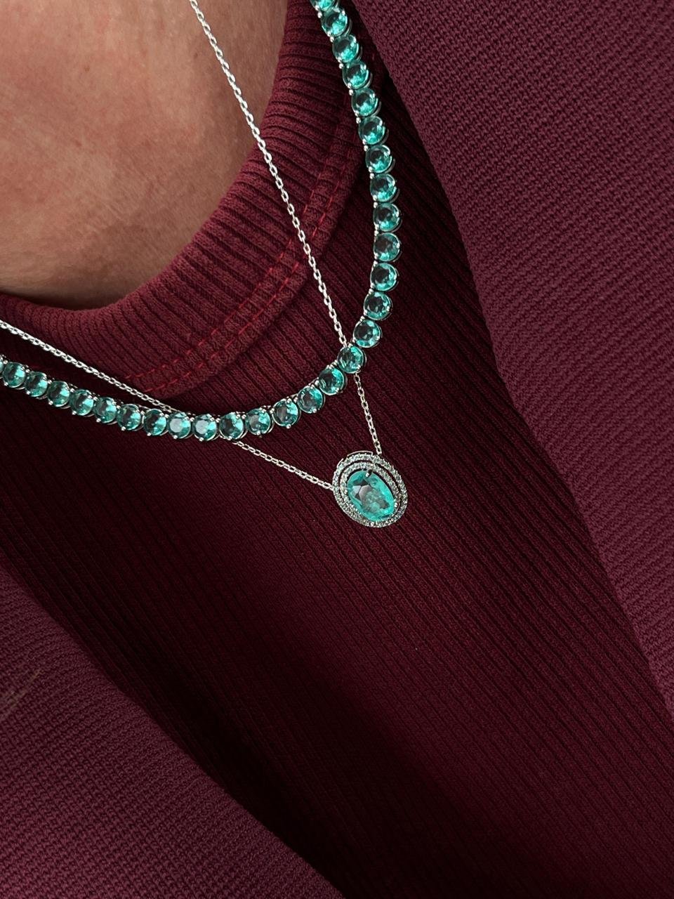 Conjunto Oval com Zircônia e Fusion Esmeralda Colombiana em Banho de Ródio Branco