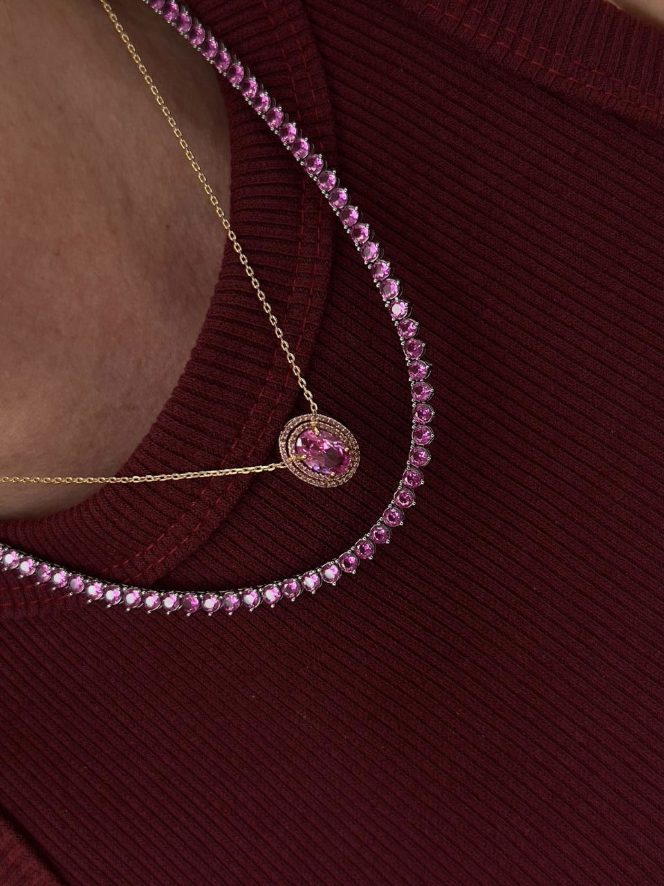 Conjunto Oval com Zircônia Rosa em Banho de Ouro