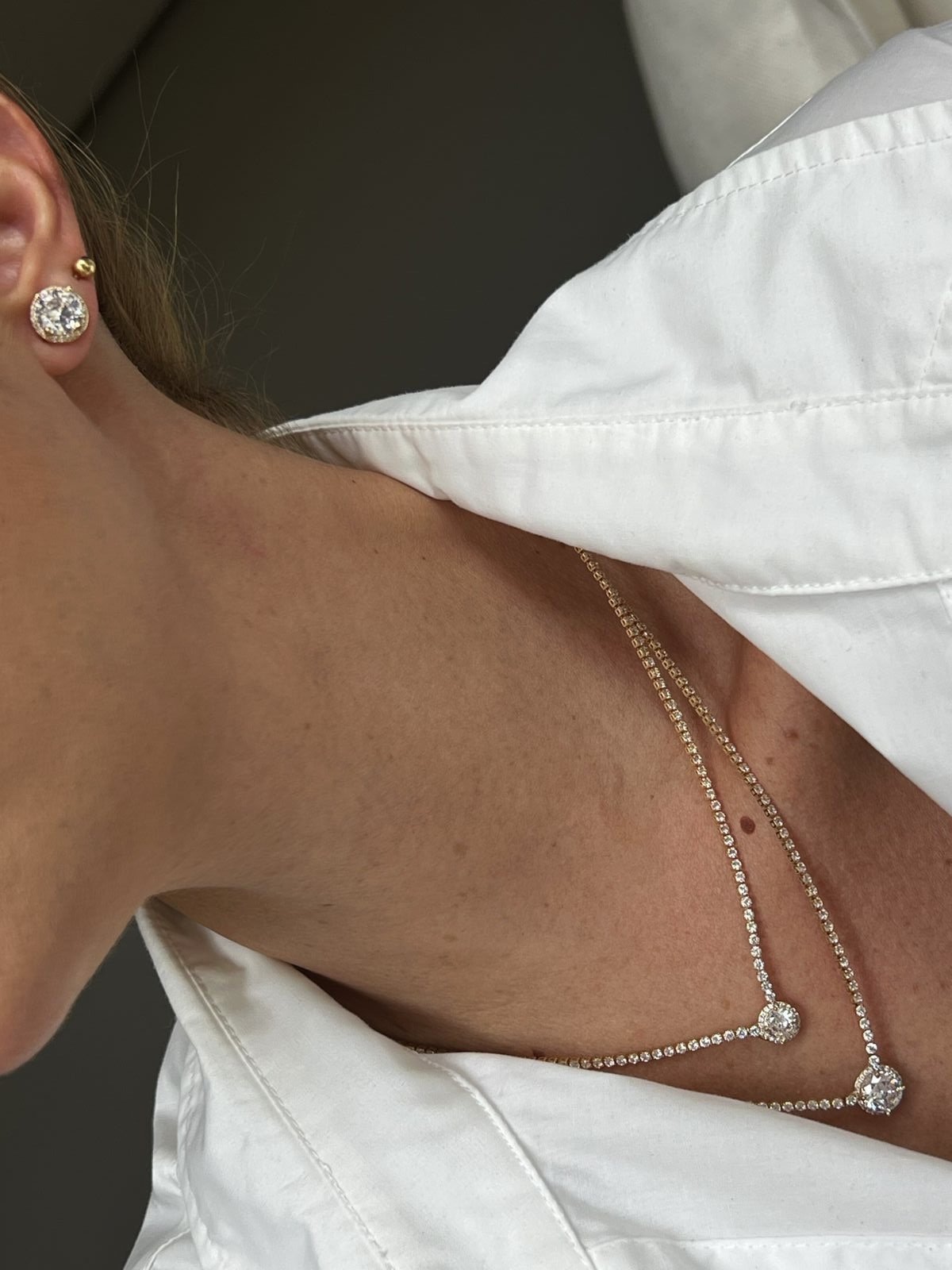 Conjunto Ponto de Luz Duplo com Zircônia Cristal (Fecho Joia) em Banho de Ouro