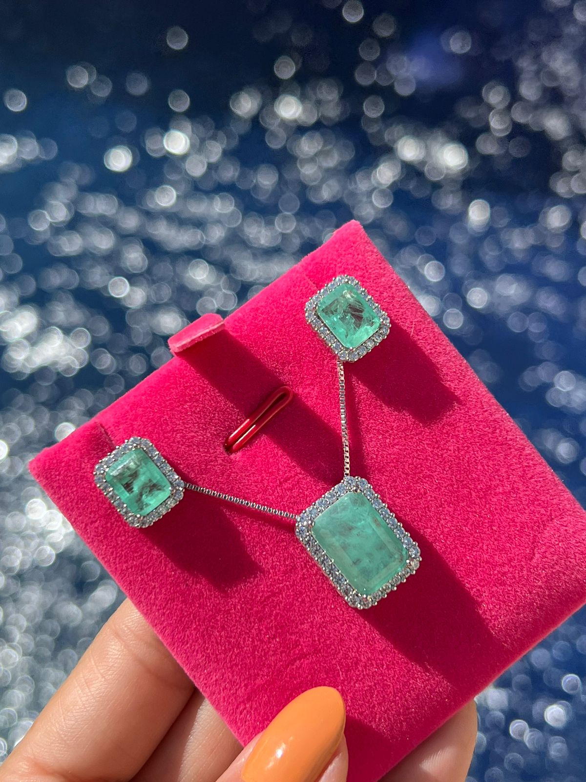 Conjunto Retângulo com Zircônia Cristal e Fusion Verde Claro em Banho de Ródio Branco