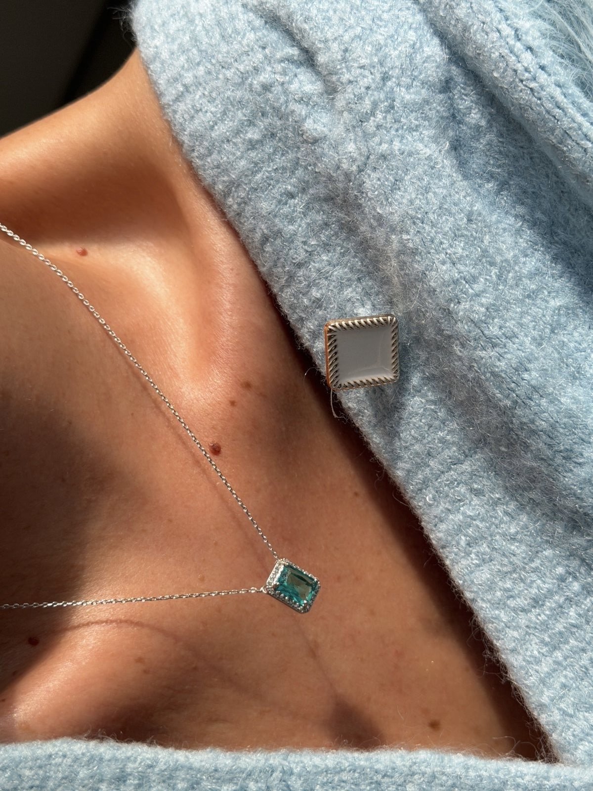 Conjunto Retângulo com Zircônia Cristal e Turmalina em Banho de Ródio Branco