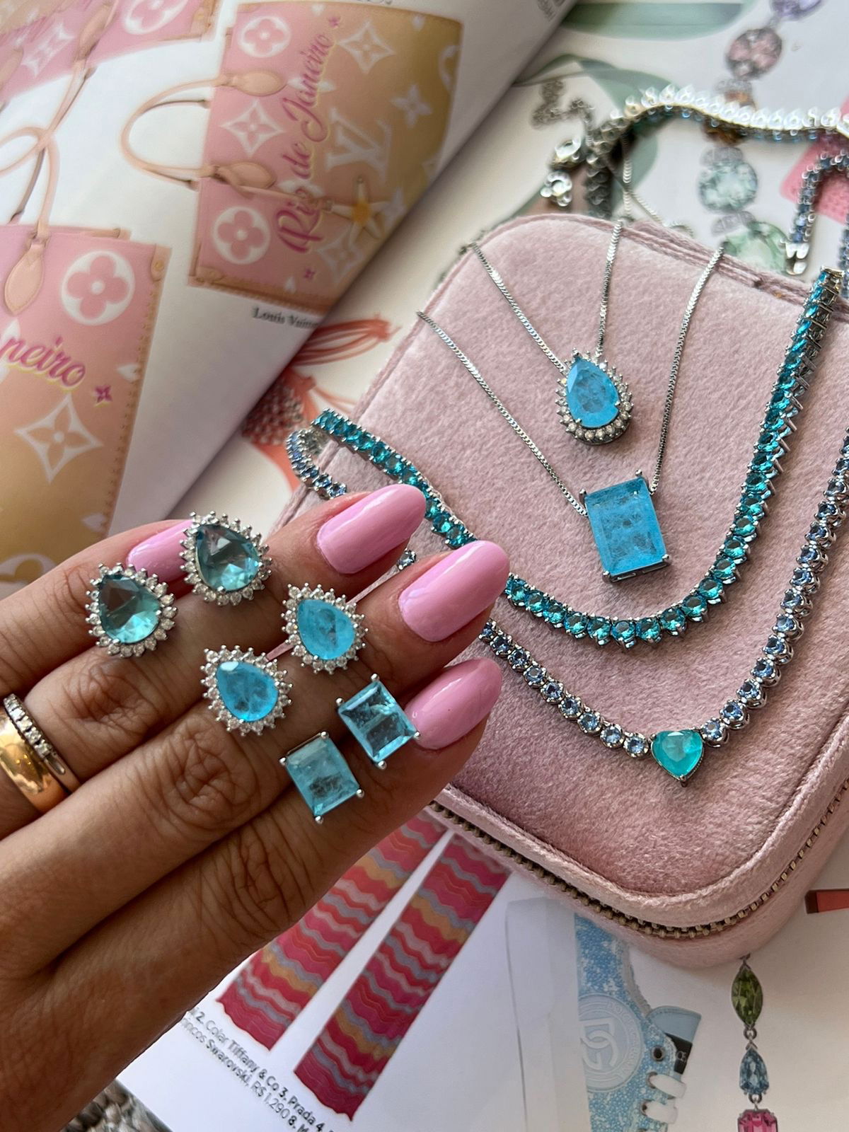 Conjunto Retângulo Fusion Azul Capri Banho de Ródio Branco