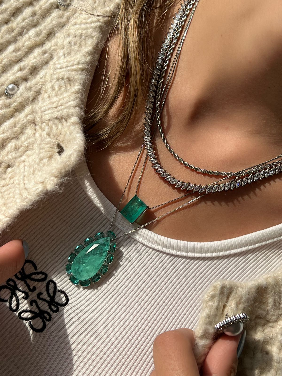 Conjunto Retângulo Fusion Verde Esmeralda em Banho de Ródio Branco