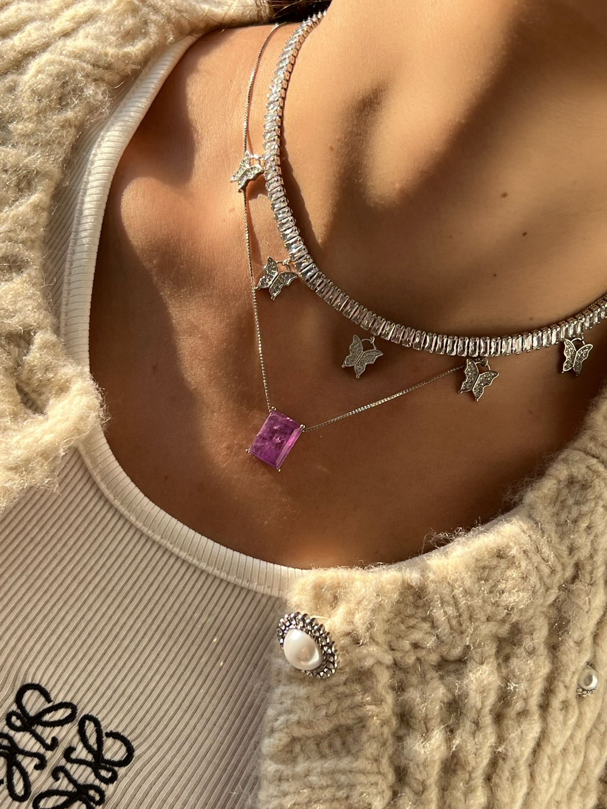 Conjunto Retângulo Fusion Violeta em Banho de Ródio Branco