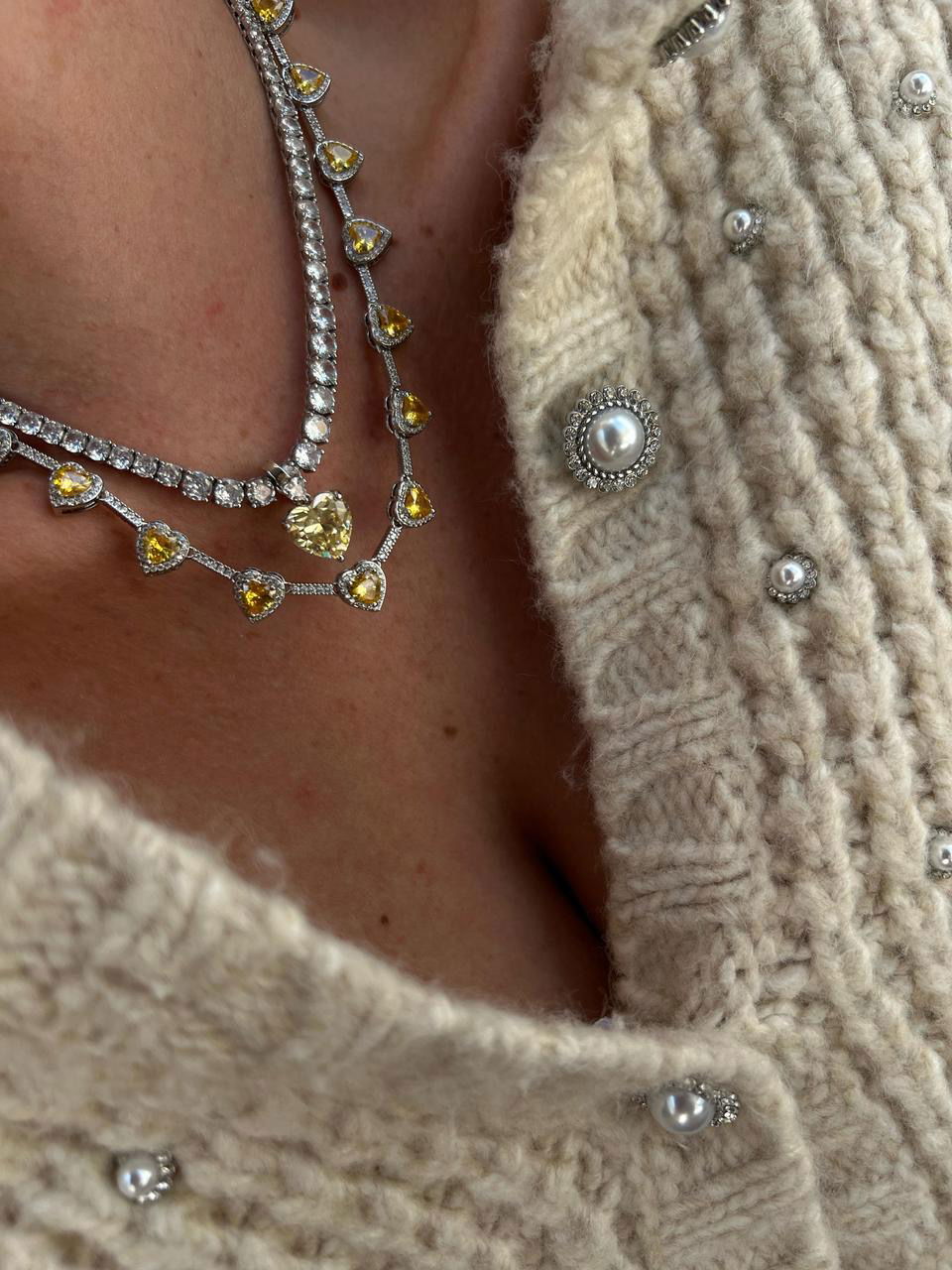 Conjunto Riviera + Brinco com Zircônia Cristal e Citrino (Fecho joia) em Banho de Ródio Branco