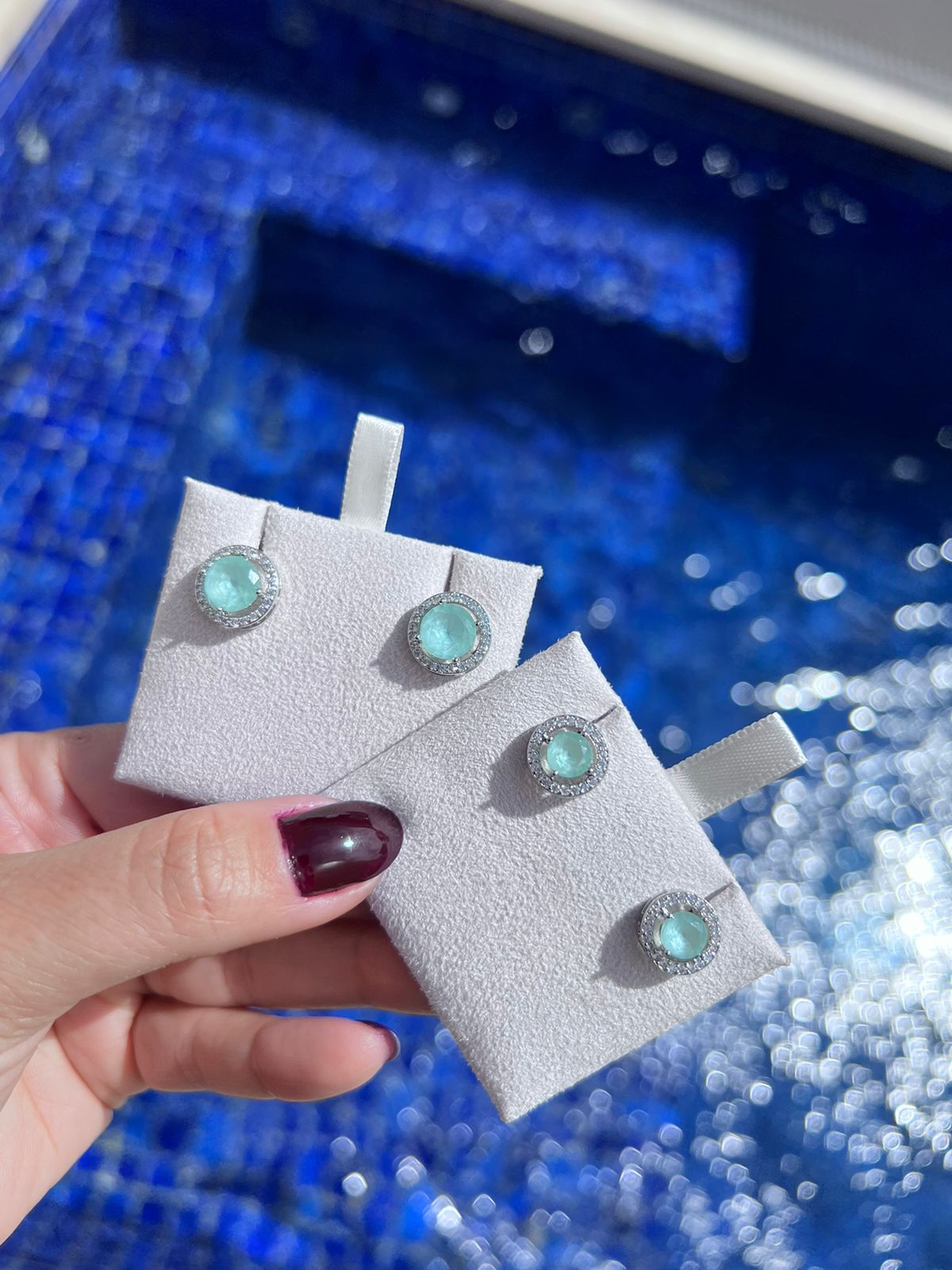 Brinco Duplinha com Zircônia Cristal e Verde Água em Banho de Ródio Branco