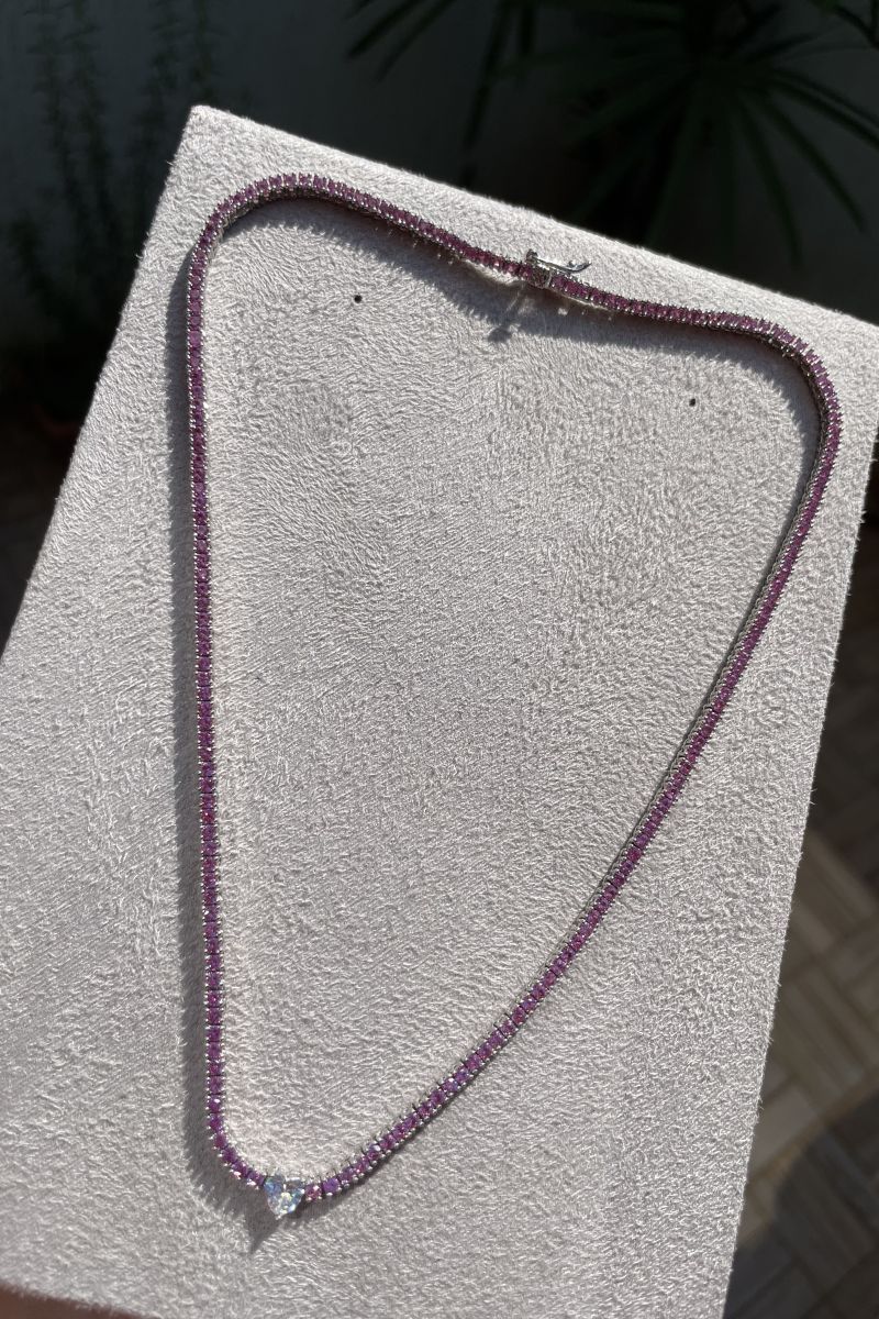 Riviera com Zircônia Turmalina Rosa e Coração Cristal ( Fecho Joia ) em Ródio Branco